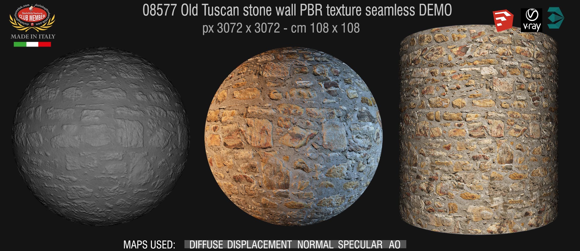 08577 Old Tuscan stone wall PBR texture seamless DEMO