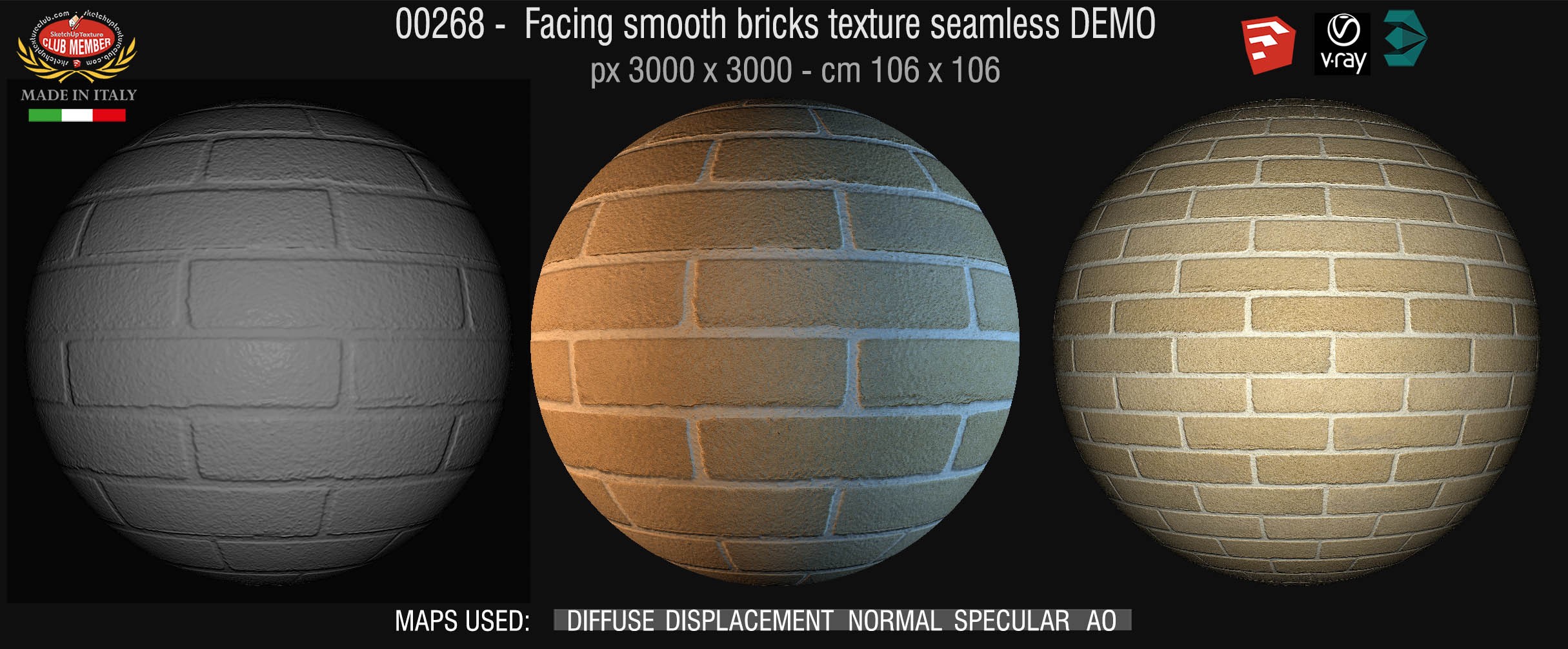 00268 Facing smooth bricks texture seamless + maps DEMO