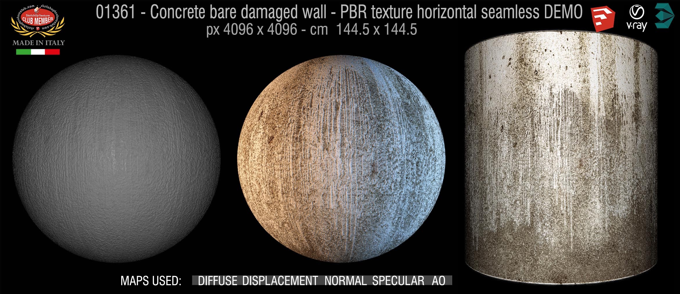 01361 Concrete bare damaged wall PBR texture horizontal seamless DEMO