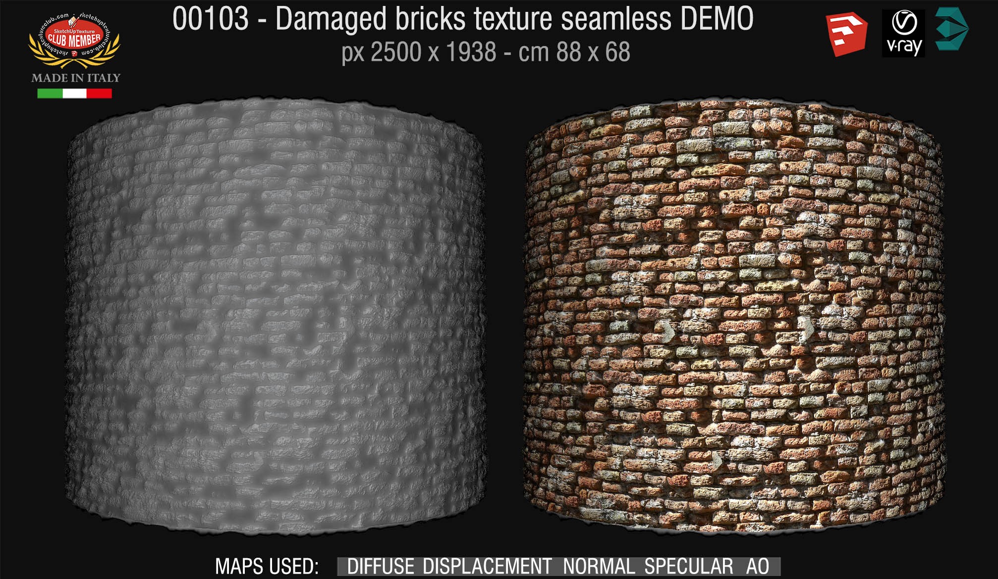 00103 Damaged bricks texture seamless + maps DEMO