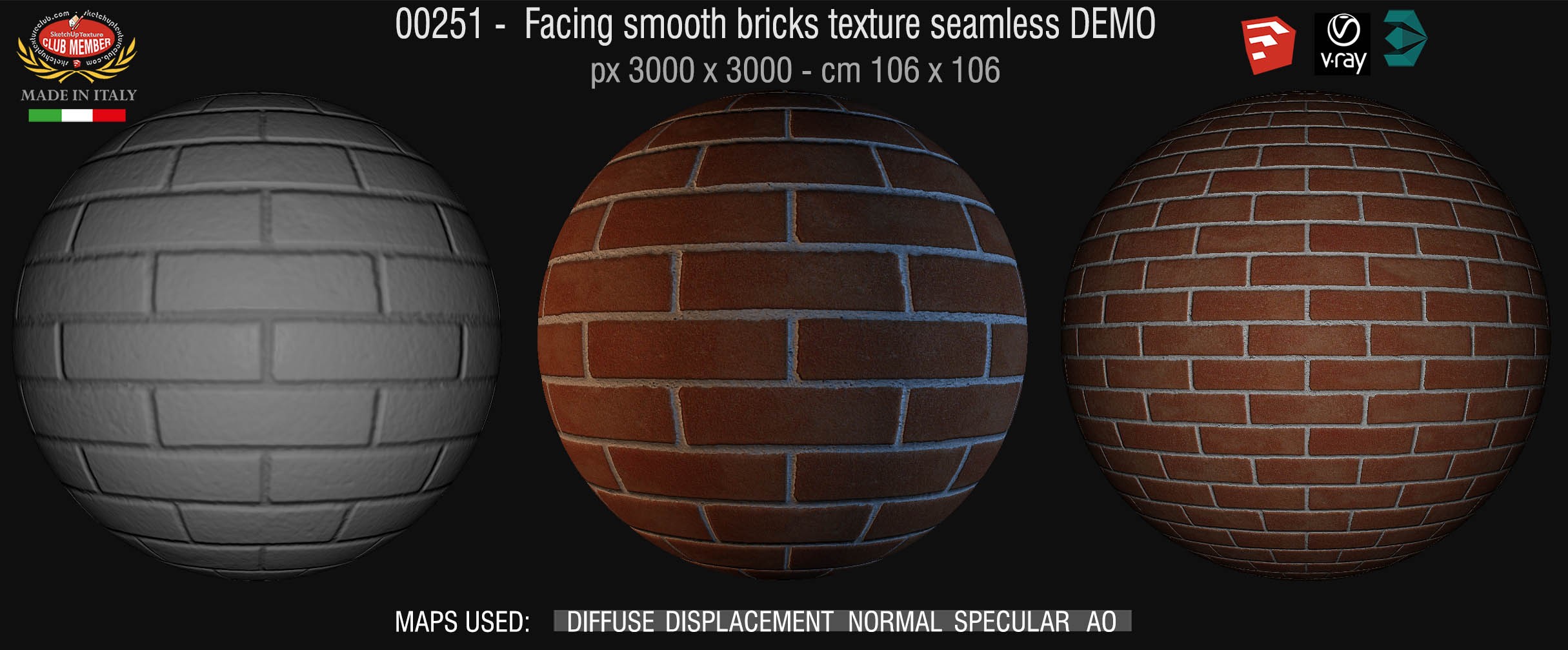 00251 Facing smooth bricks texture seamless + maps DEMO