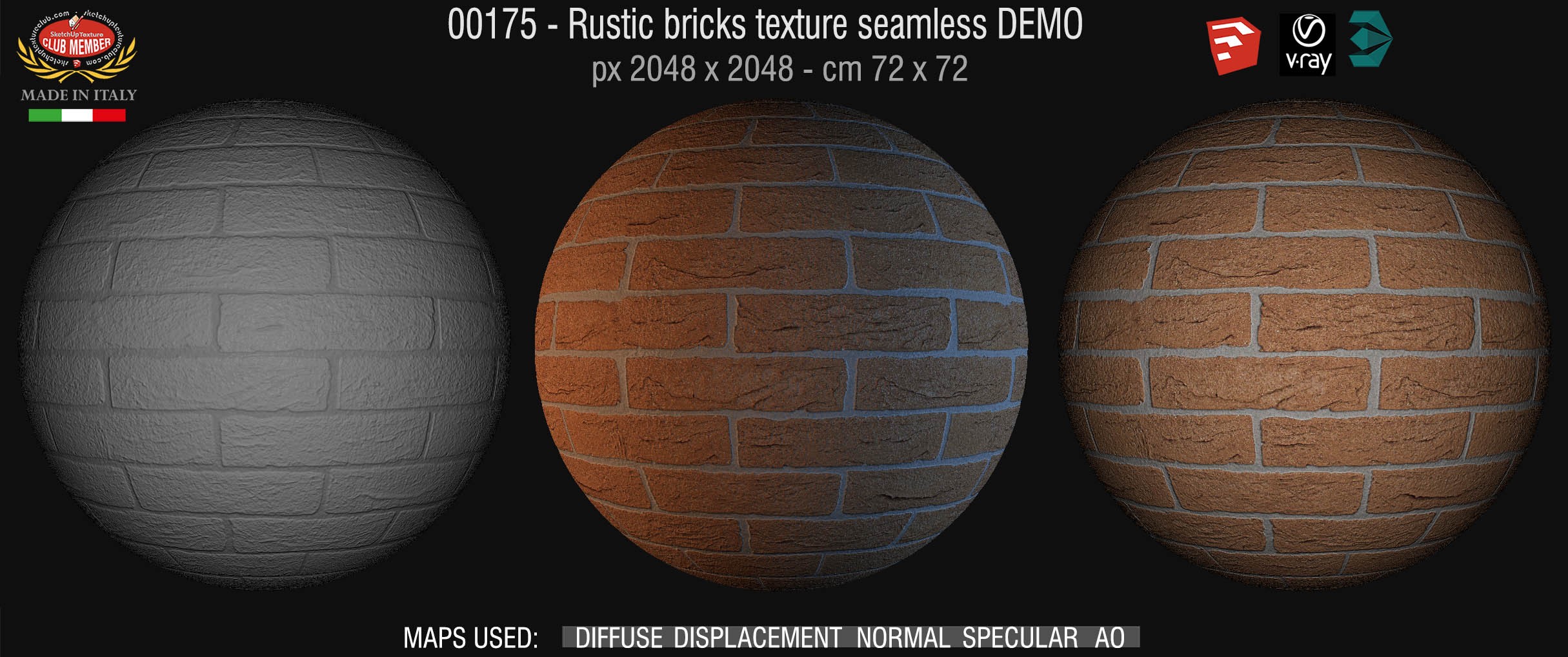 00175  Rustic bricks texture seamless + maps DEMO