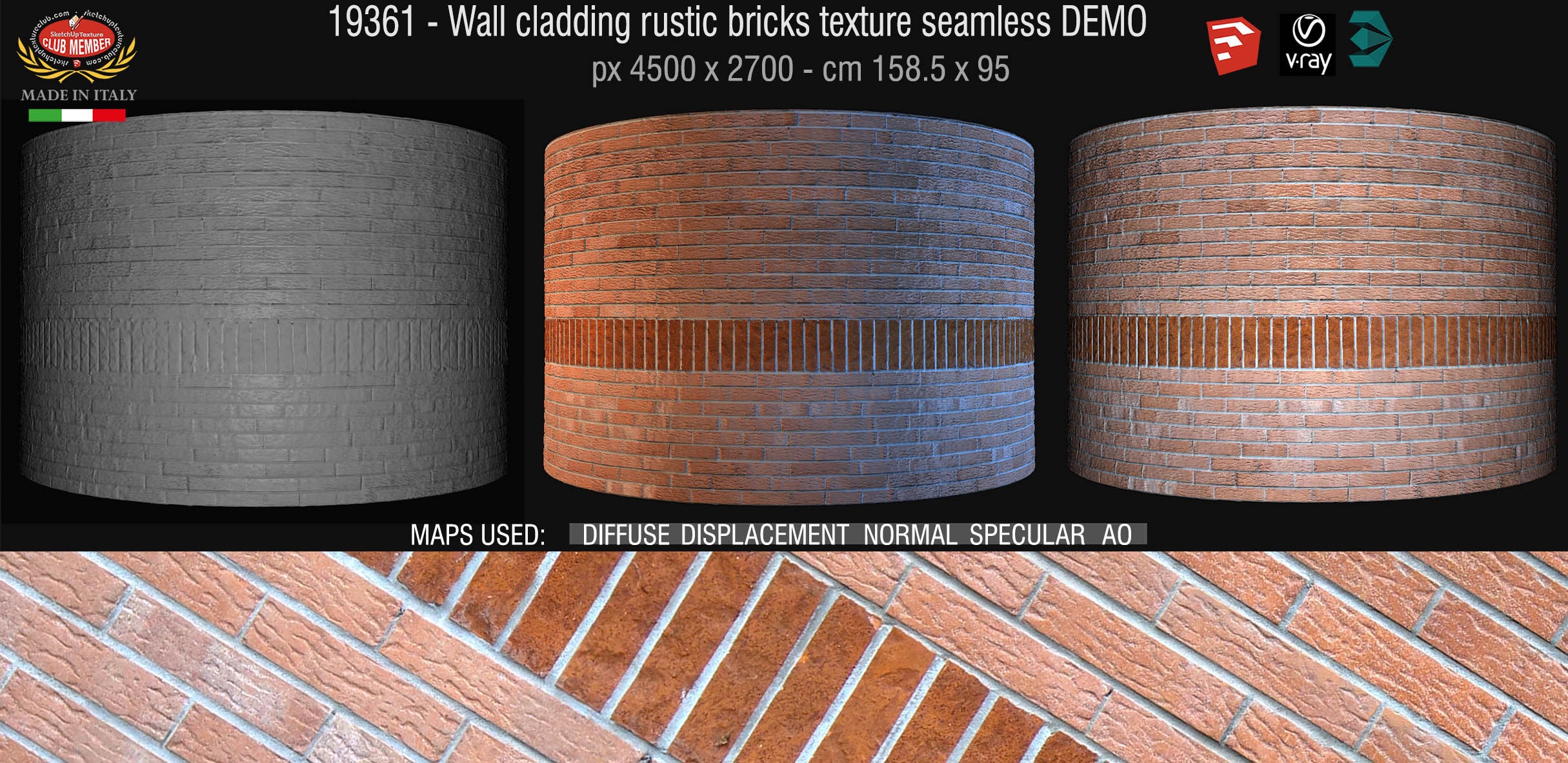 19361 seamless wall cladding rustic bricks texture + maps DEMO