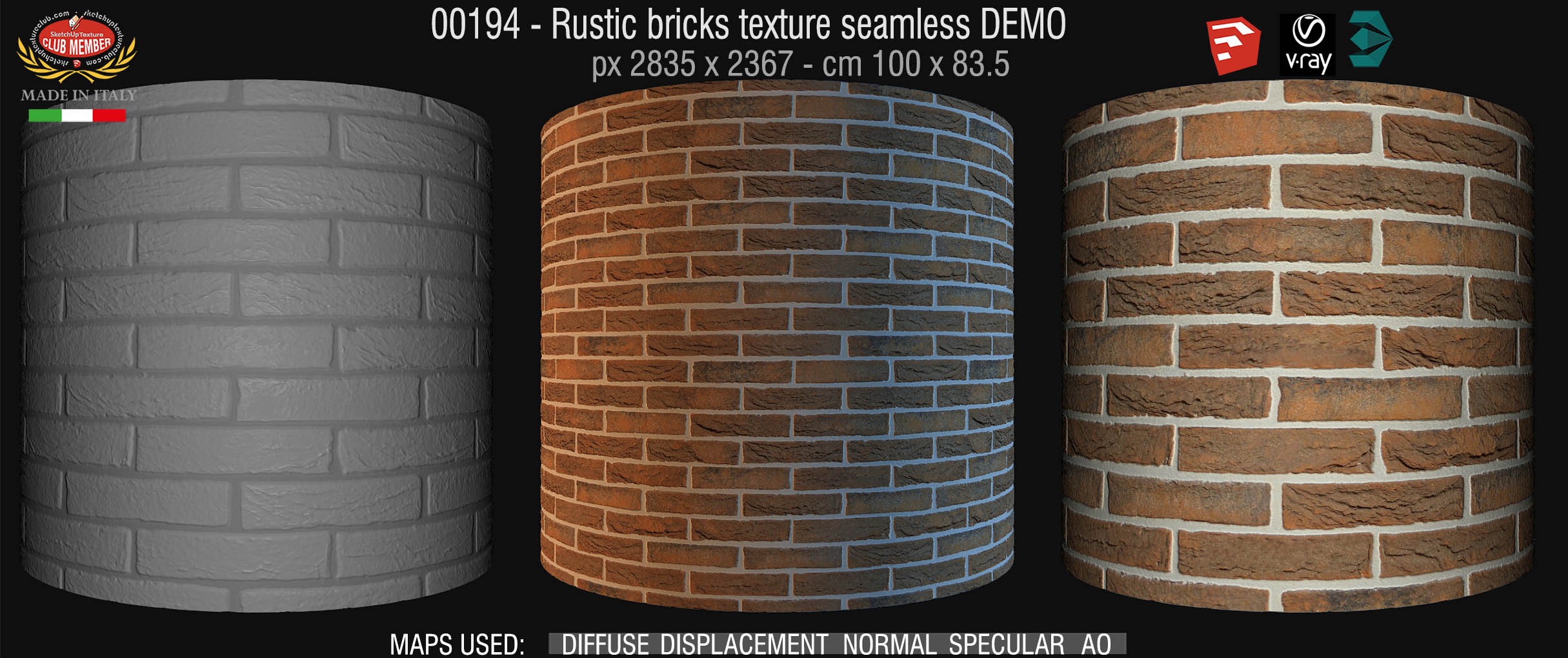 00194 Rustic bricks texture seamless + maps DEMO