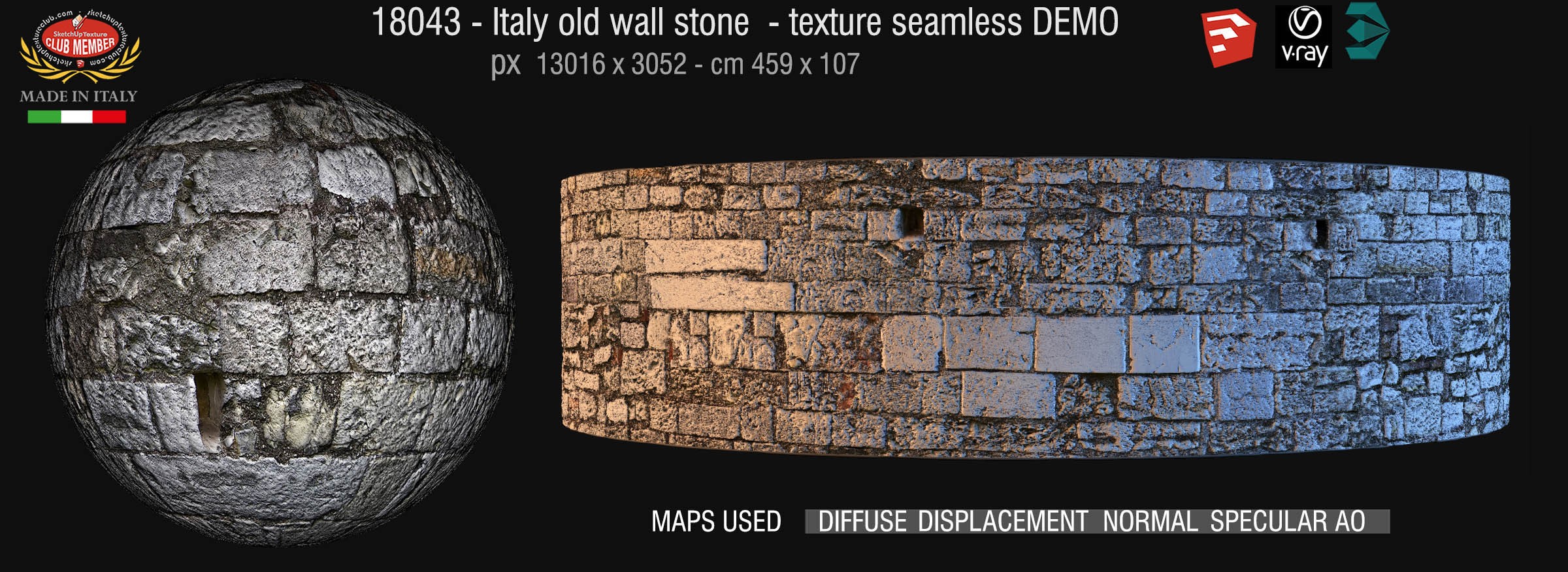 18043 Italy old wall stone 14th century texture seamless + maps DEMO