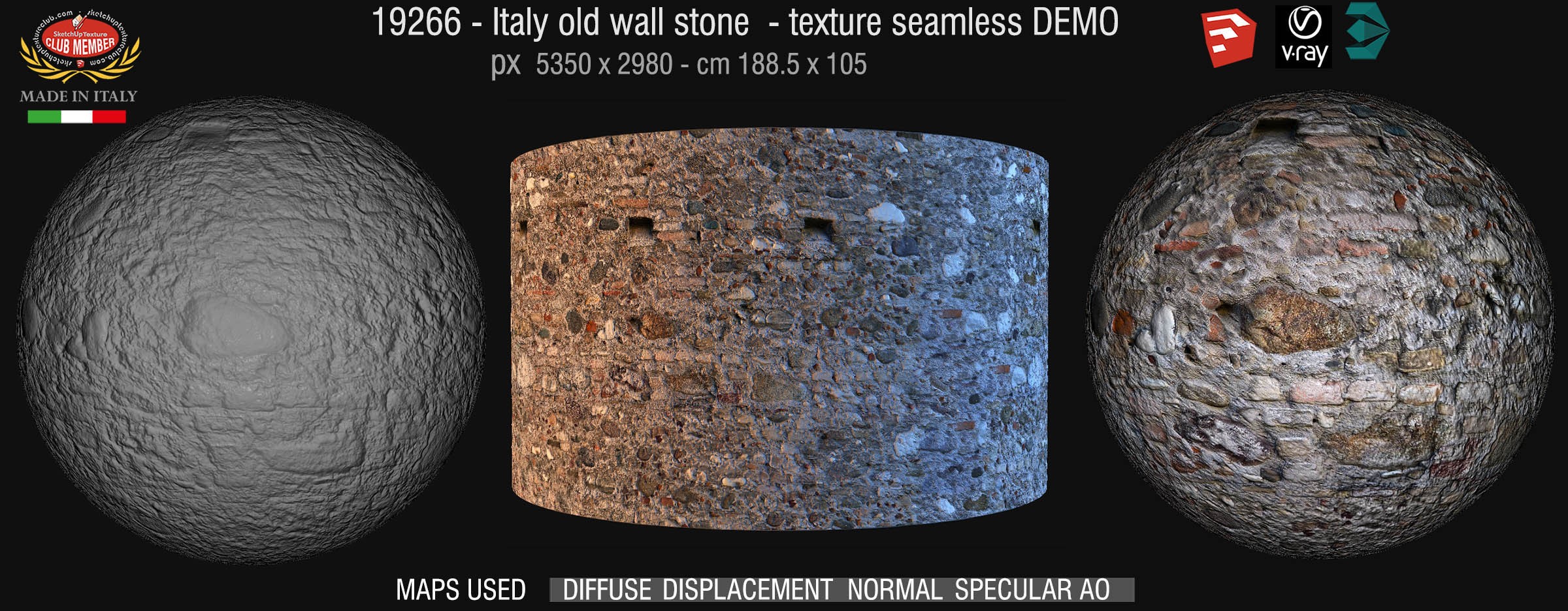 19266 Italy old mixed wall stone texture seamless + maps DEMO