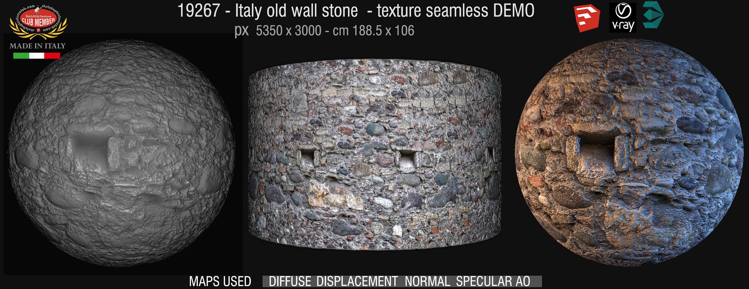 19267 Italy old mixed wall stone texture seamless + maps DEMO