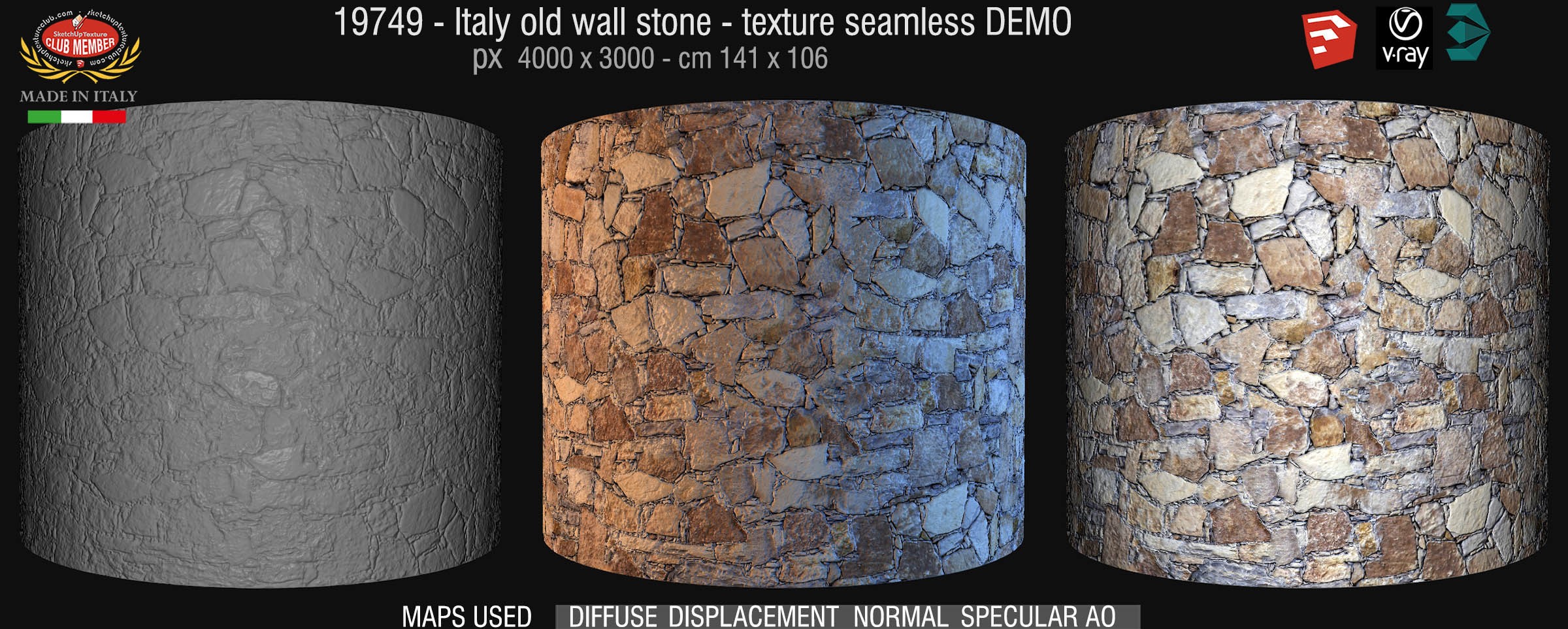 19749  Italy old wall stone texture seamless + maps DEMO