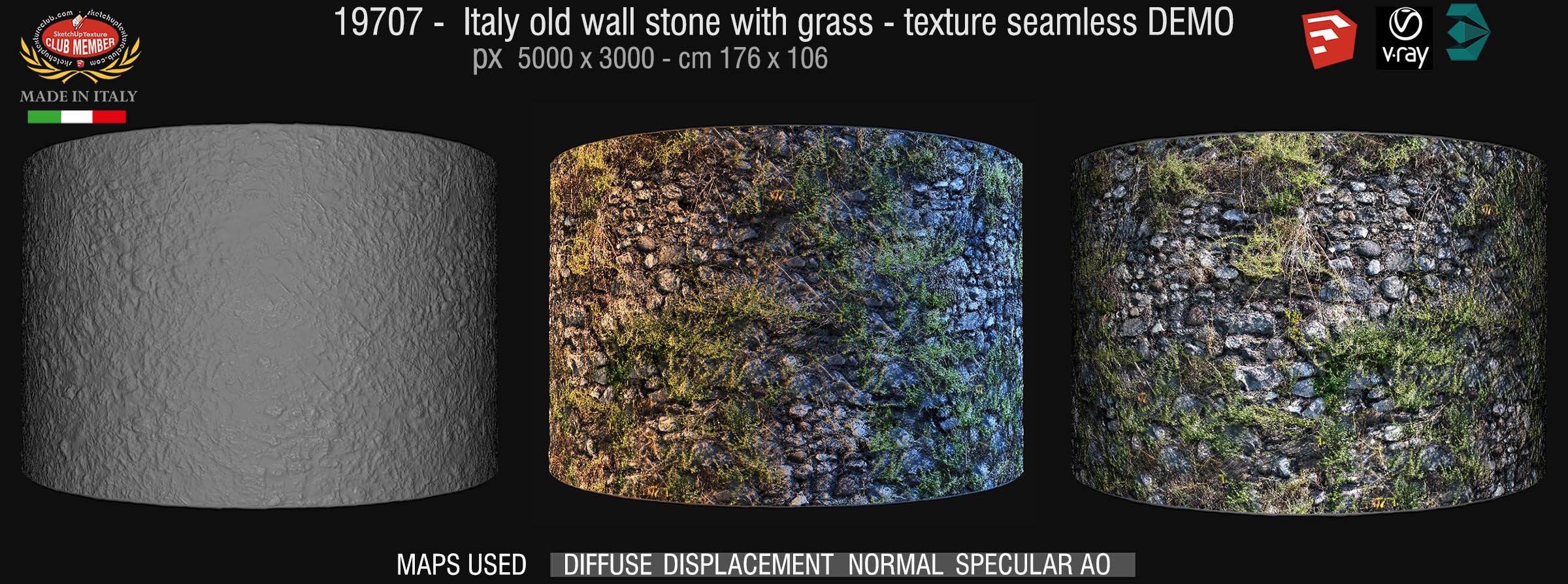 19797 - Italy old wall stone with grass texture + maps DEMOo