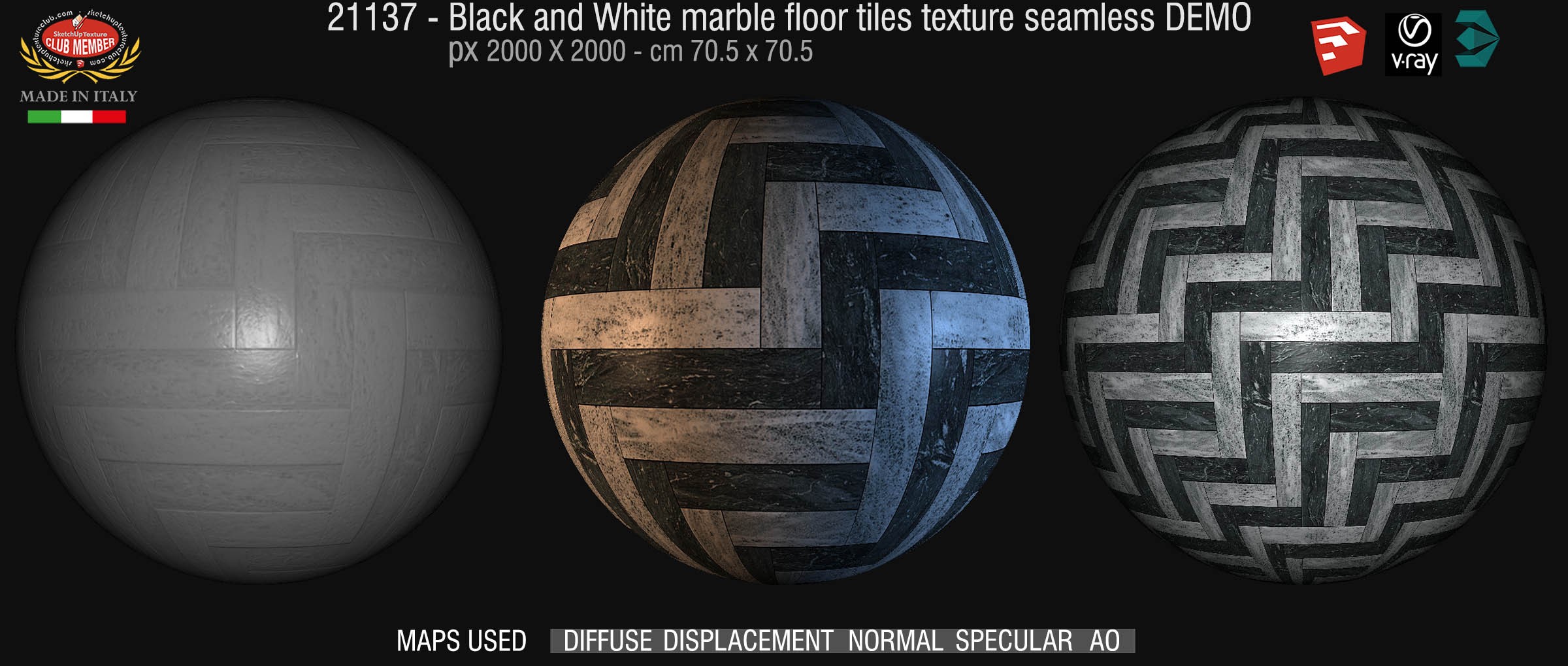 21137 Black and white marble tile texture seamless + maps DEMO