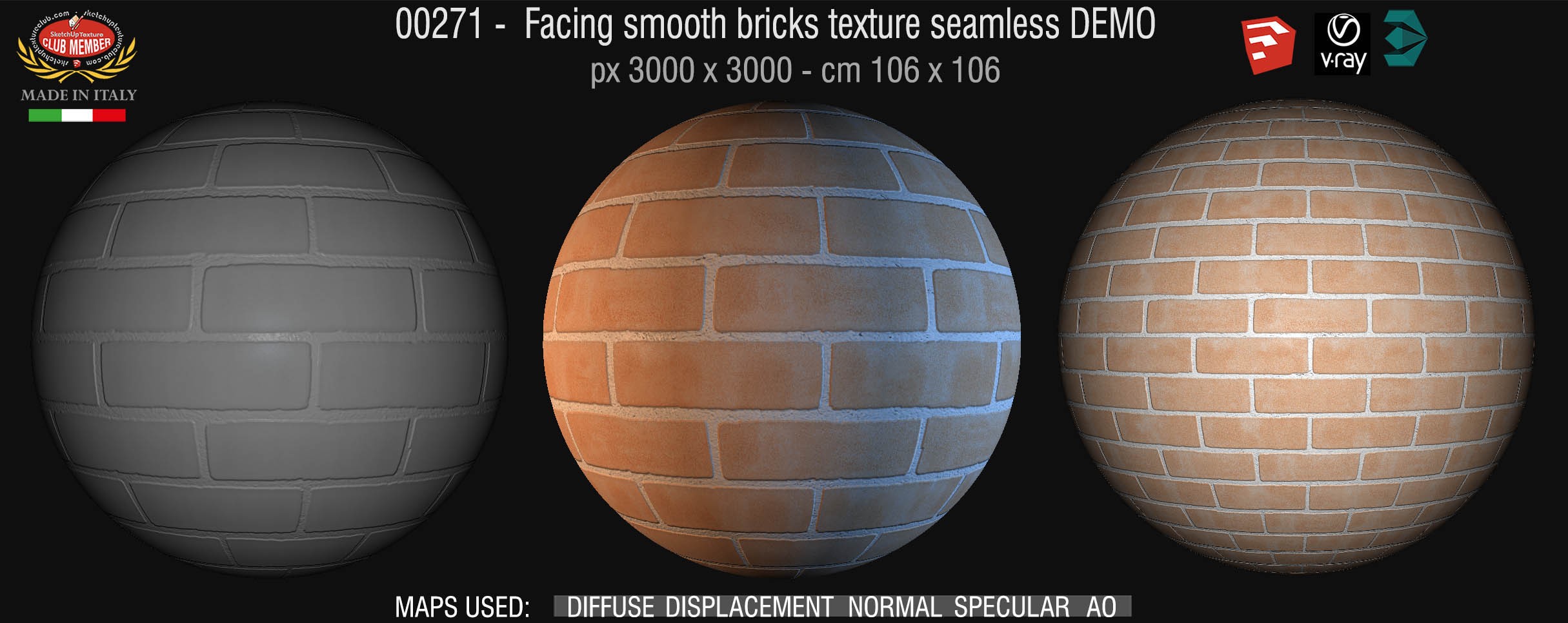 00271 Facing smooth bricks texture seamless + maps DEMO