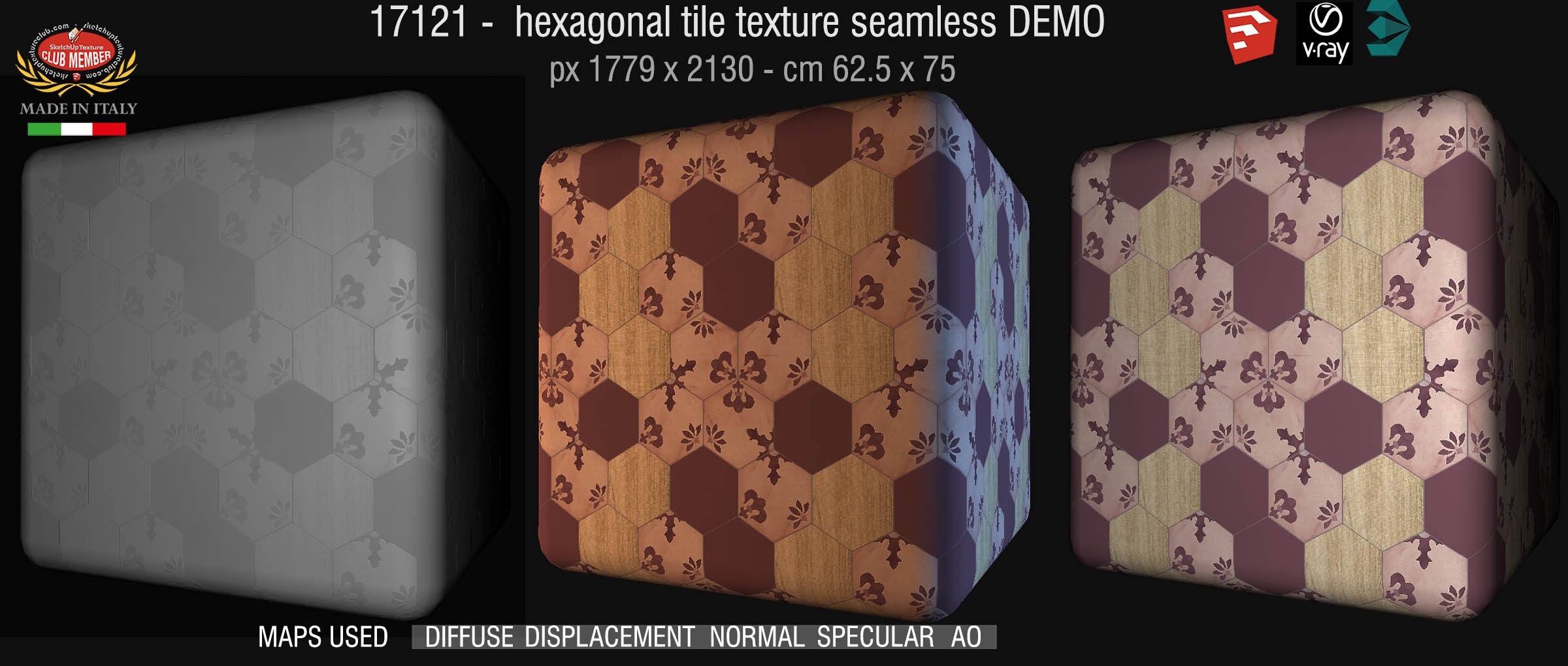 17121 Hexagonal tile texture seamless + maps DEMO