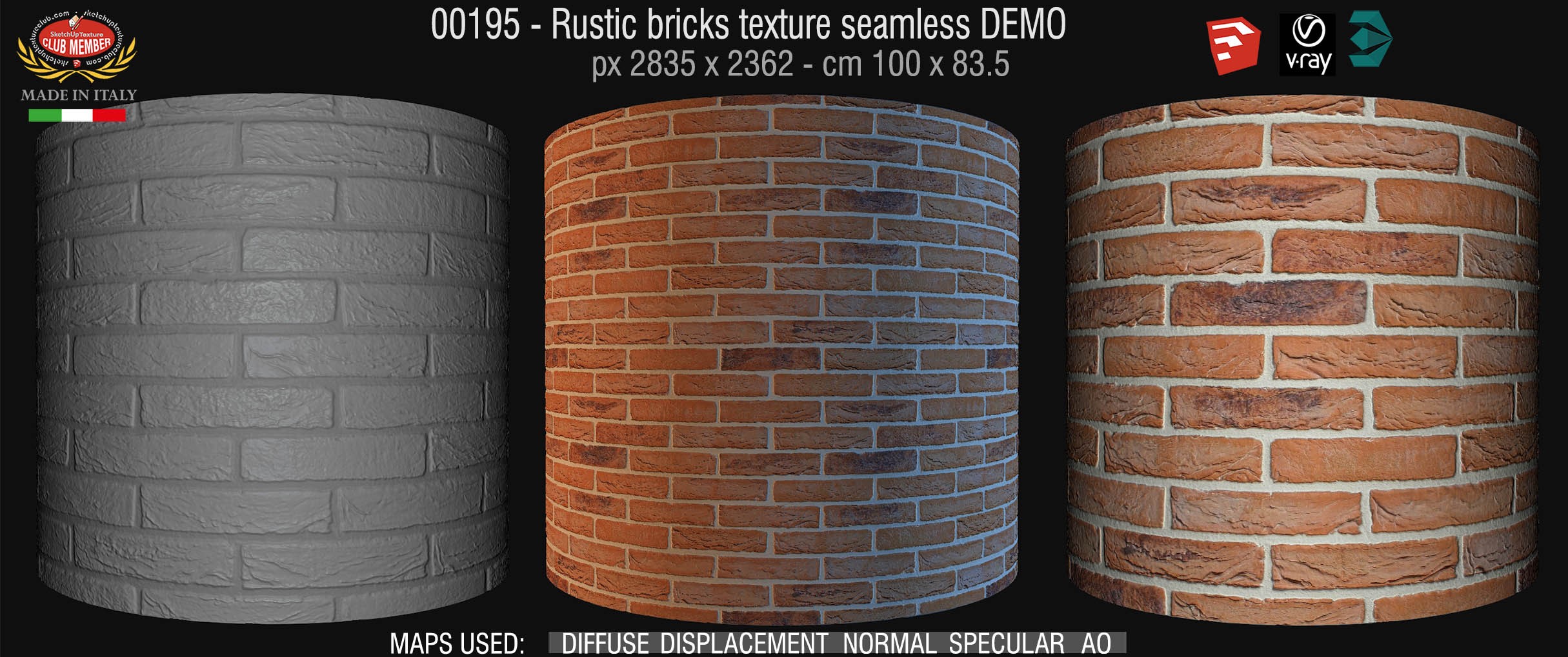 00195 Rustic bricks texture seamless + maps DEMO