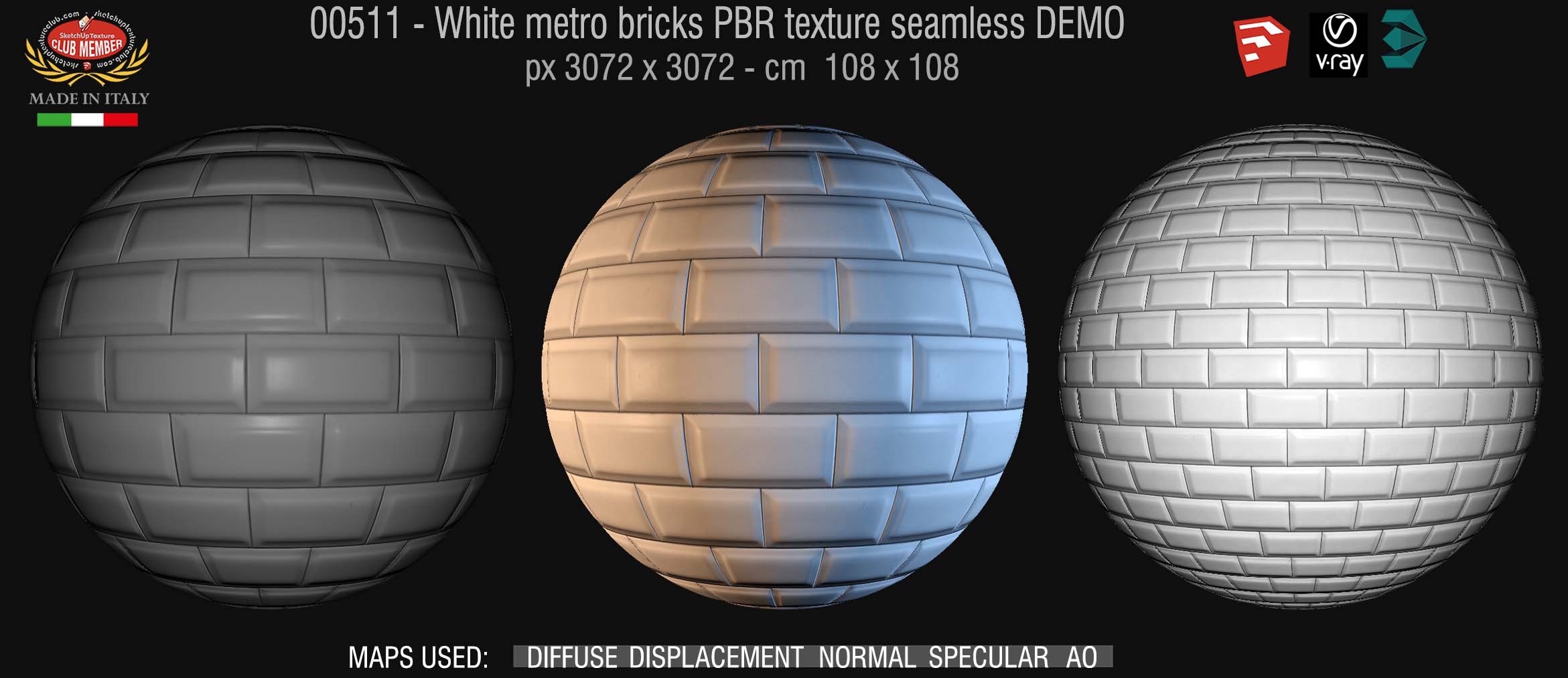 00511  White metro bricks PBR texture seamless + maps DEMO