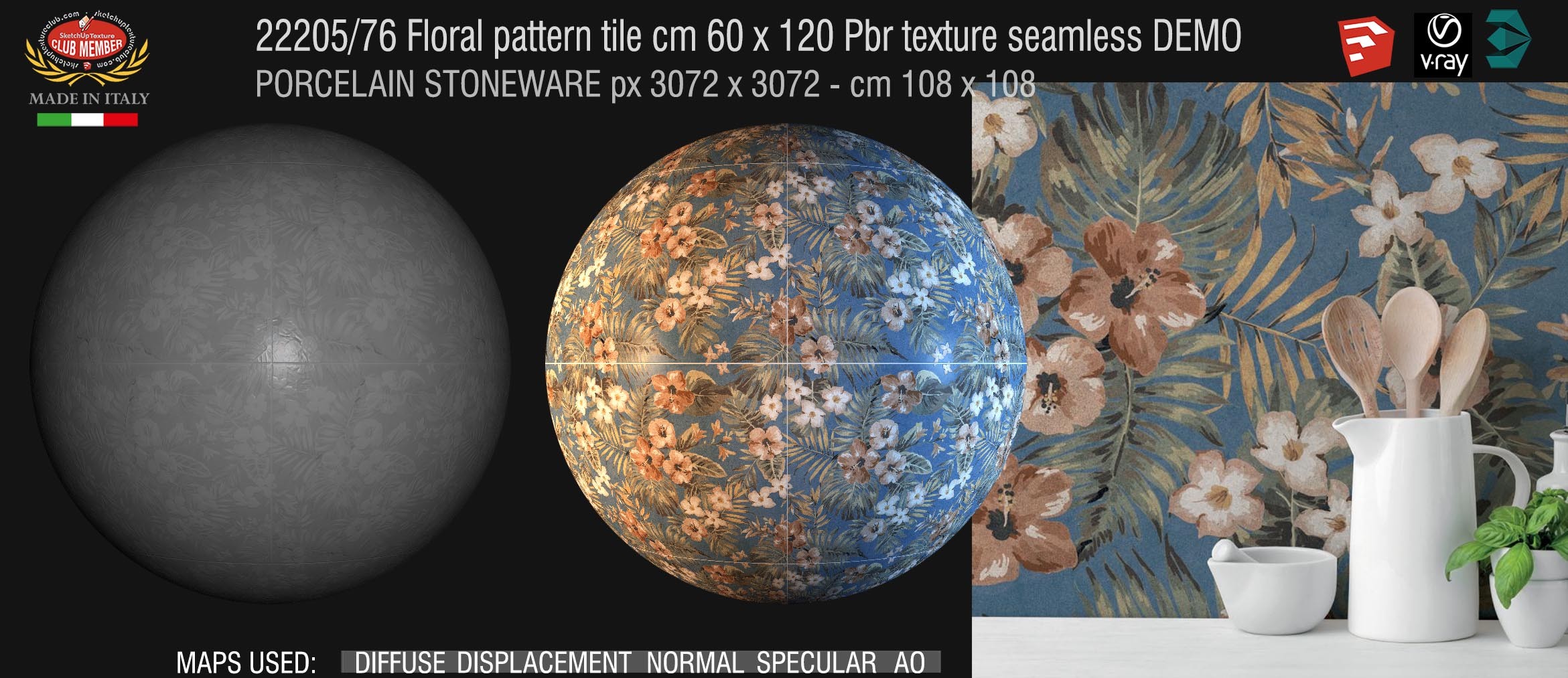 22205/76 PORCELAIN STONEWARE floral pattern tile cm 60 x 120 Pbr texture seamless DEMO