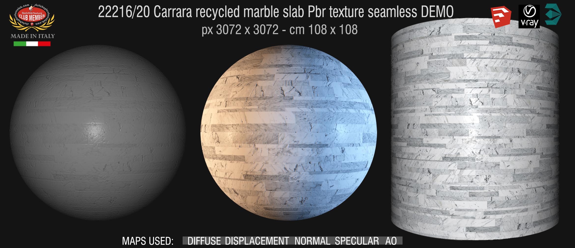22216_20 Carrara recycled marble slab Pbr texture seamless DEMO  /  Materials within an eco-sustainable cycle: the left over pieces deriving from the processing of marble and natural stone , are recycled and assembled in slabs