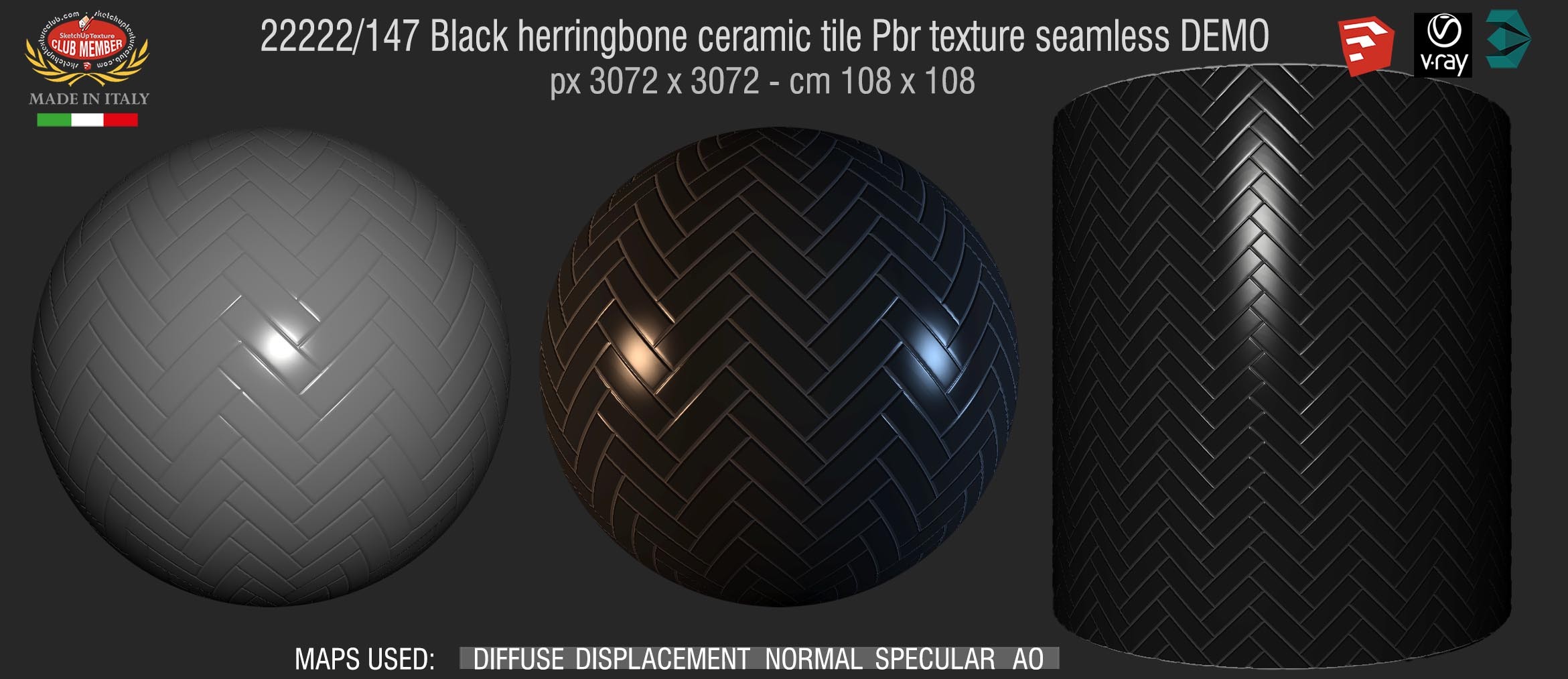 22222_147 Black herringbone ceramic tile Pbr texture seamless DEMO