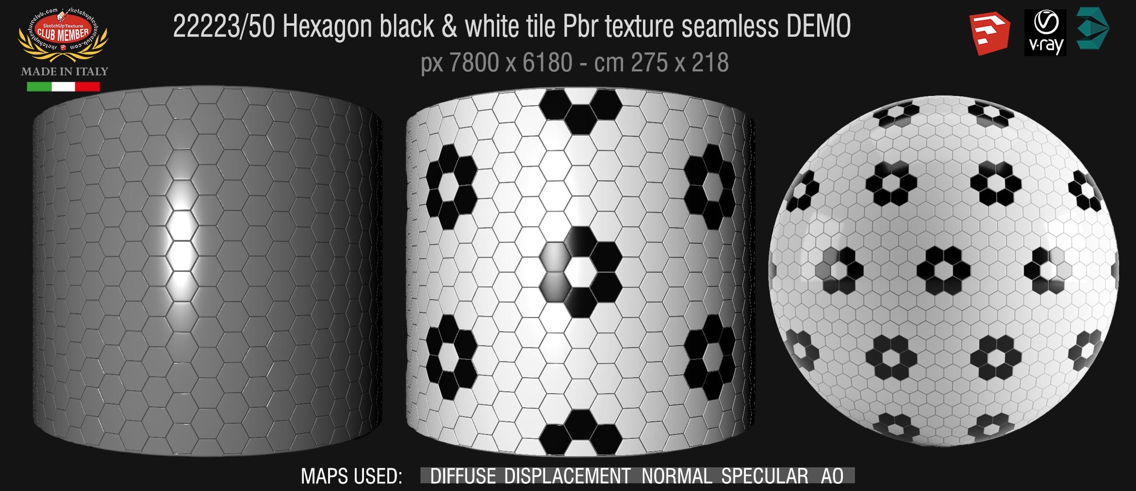 22223_50 Hexagon black & white tile Pbr texture seamless DEMO