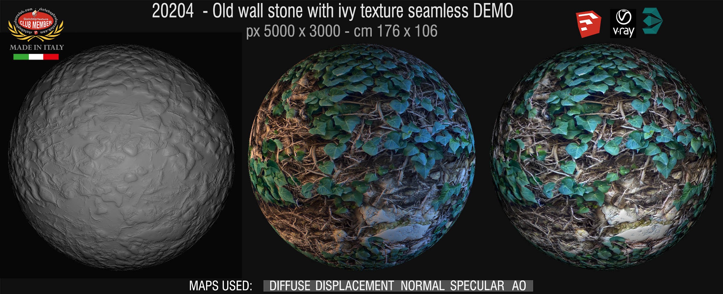 20204 HR Old wall stone with ivy texture seamless + maps DEMO