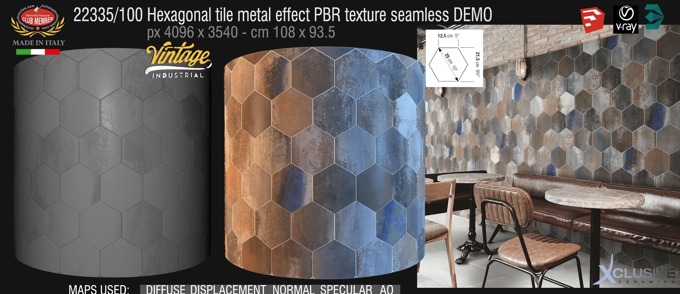 22335_100 Hexagonal tile metal effect PBR texture seamless DEMO