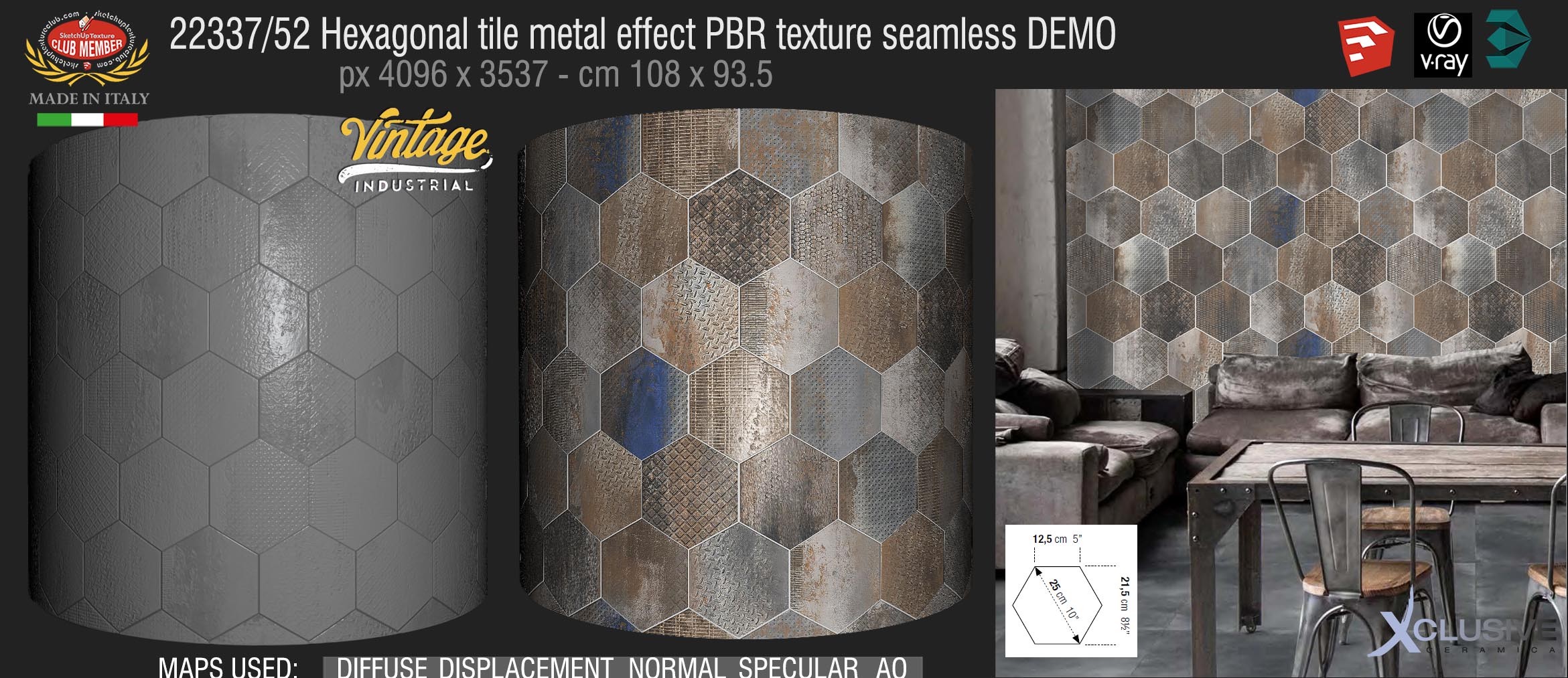 22337_52 Hexagonal tile metal effect PBR texture seamless DEMO