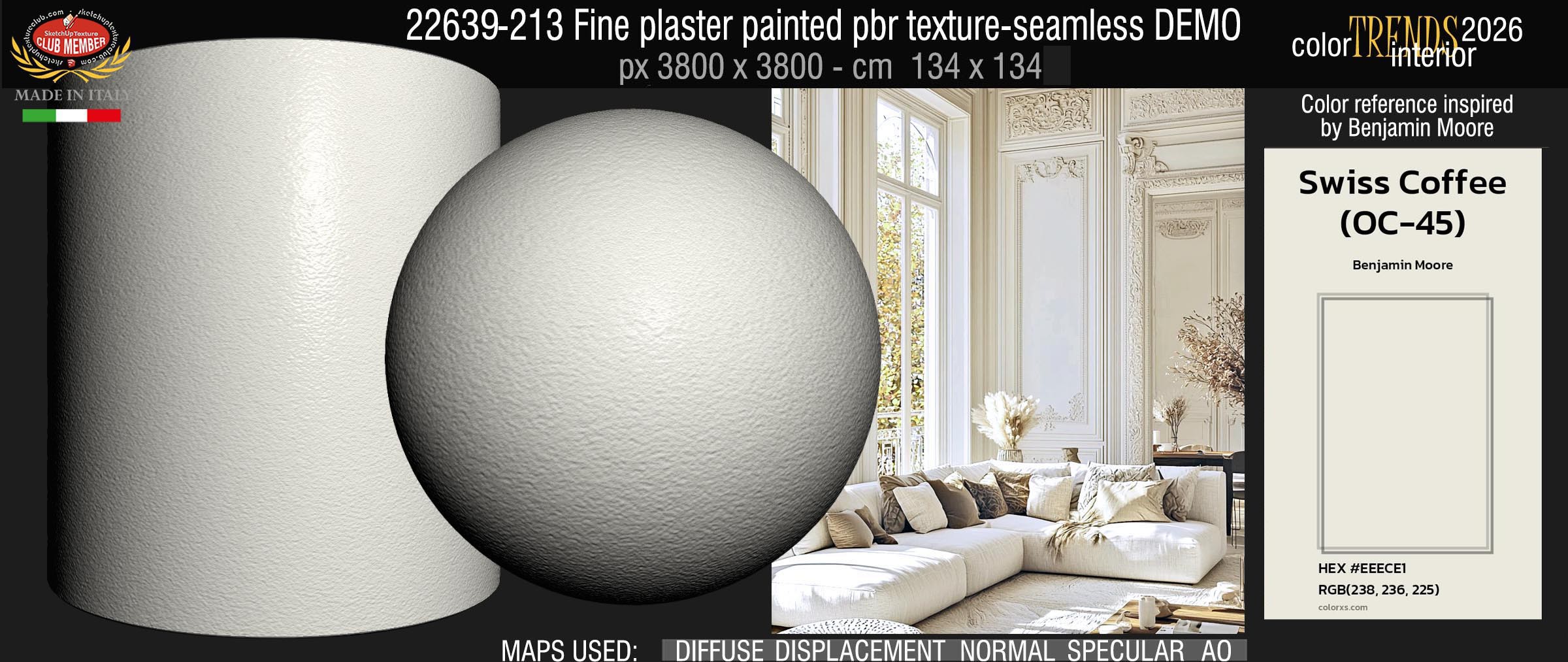 22639-213 Fine plaster painted with the color "Swiss Coffee OC 45" Home Trends 2026 by Benjamin Moore - pbr texture seamless