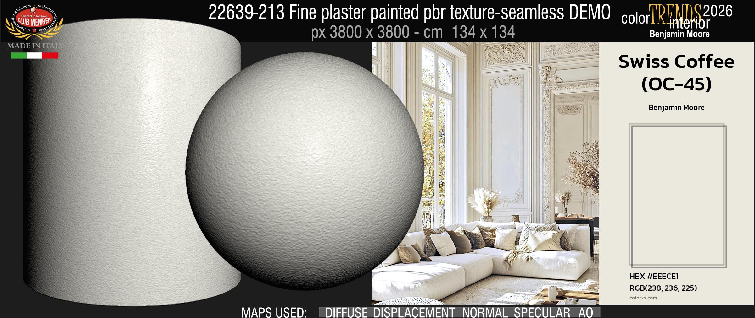 22639-213 Fine plaster painted with the color "Swiss Coffee OC 45" Home Trends 2026 by Benjamin Moore - pbr texture seamless