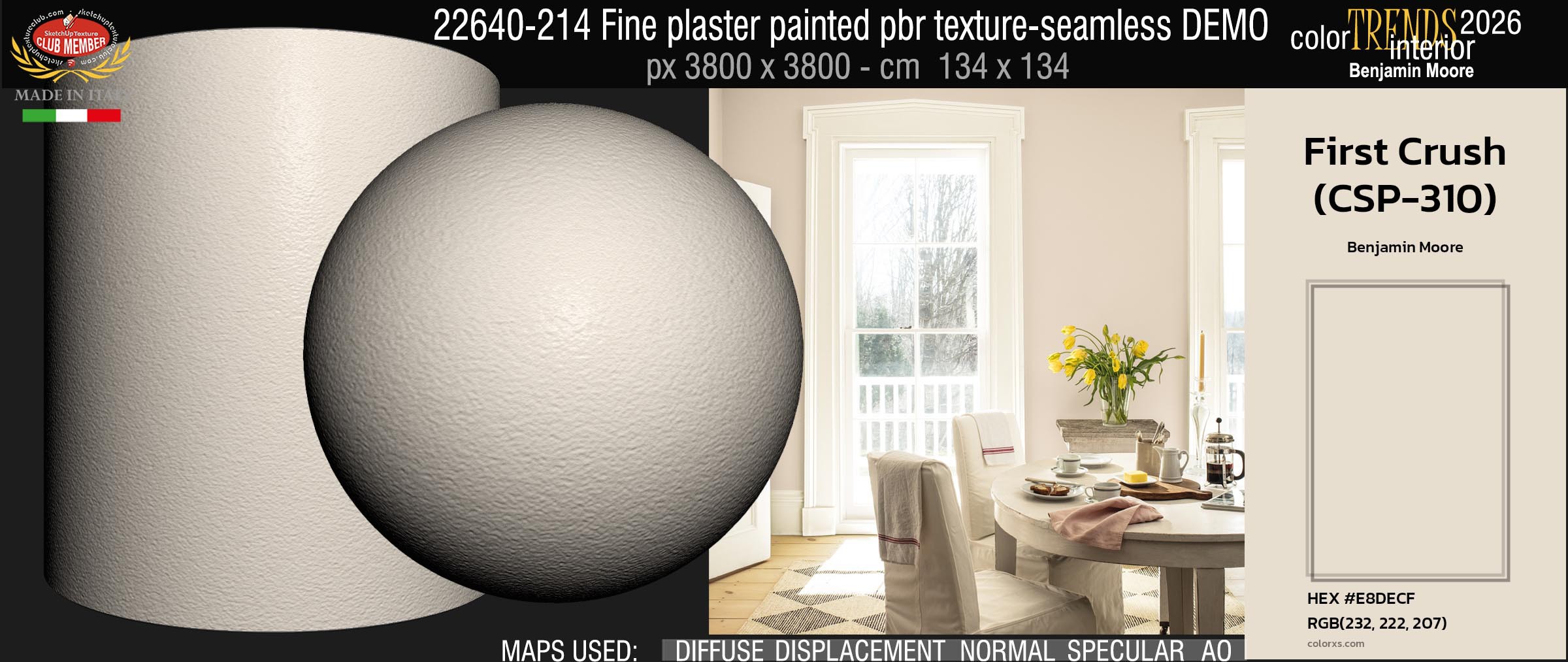 22640-214 Fine plaster painted with the color "First Crush CSP 310 " Home Trends 2026 by Benjamin Moore - pbr texture seamless
