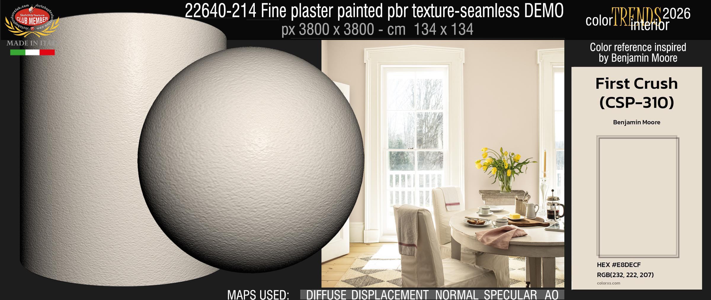 22640-214 Fine plaster painted with the color "First Crush CSP 310 " Home Trends 2026 by Benjamin Moore - pbr texture seamless
