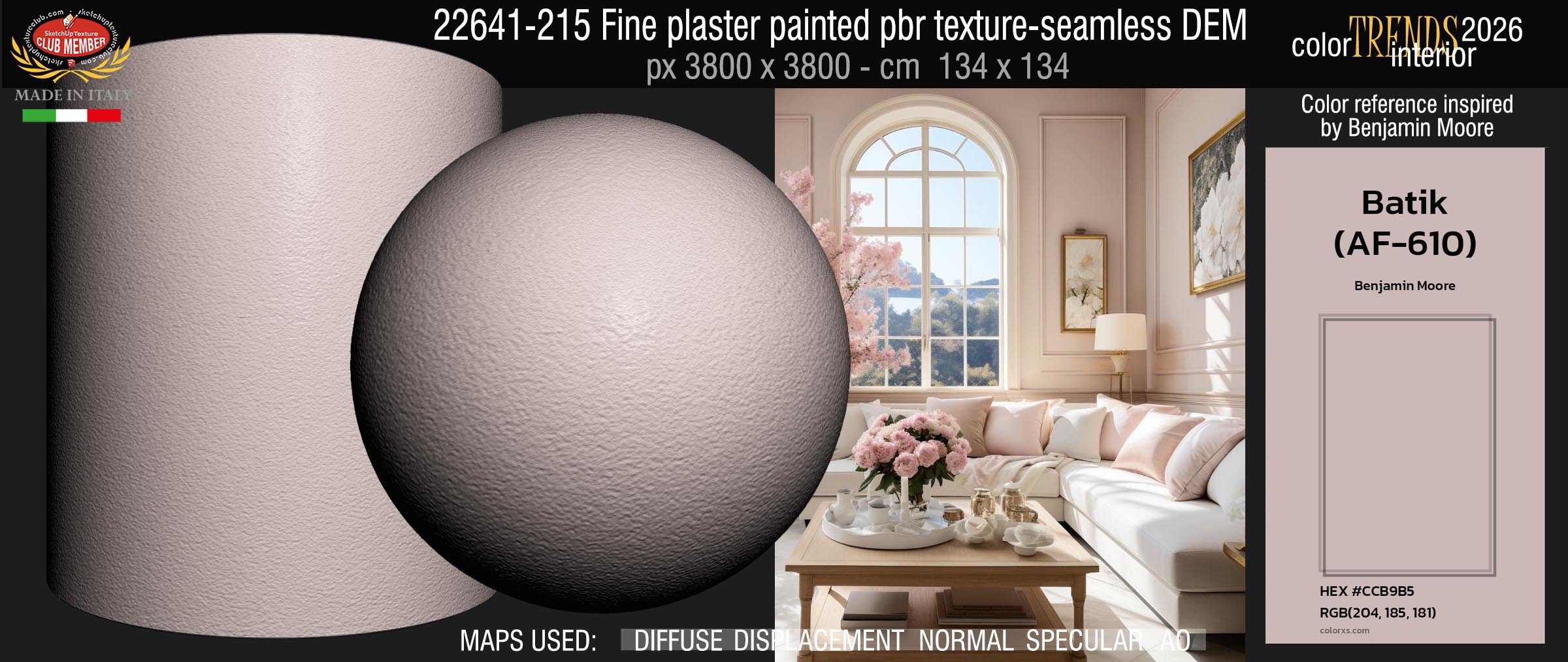 22641-215 Fine plaster painted with the color Batik AF-610 Home Trends 2026 by Benjamin Moore - pbr texture seamless