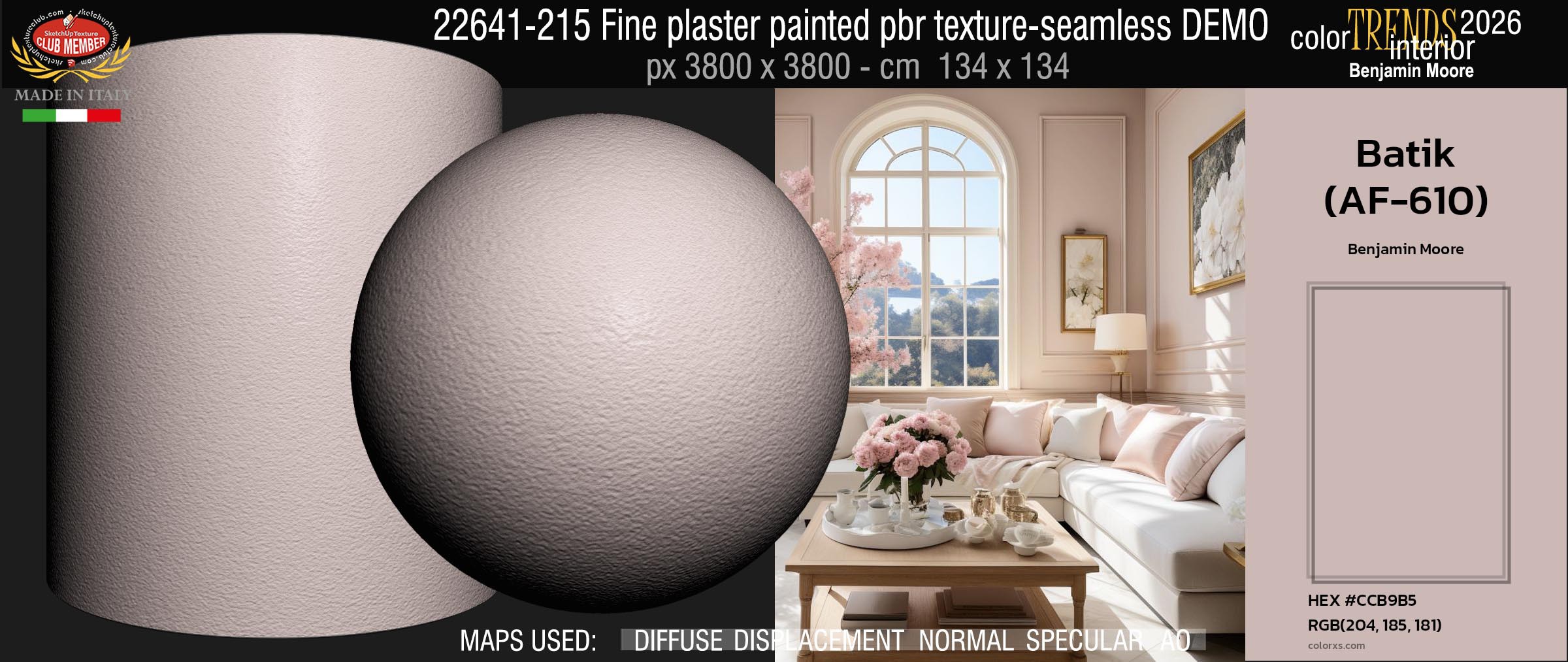 22641-215 Fine plaster painted with the color Batik AF-610 Home Trends 2026 by Benjamin Moore - pbr texture seamless