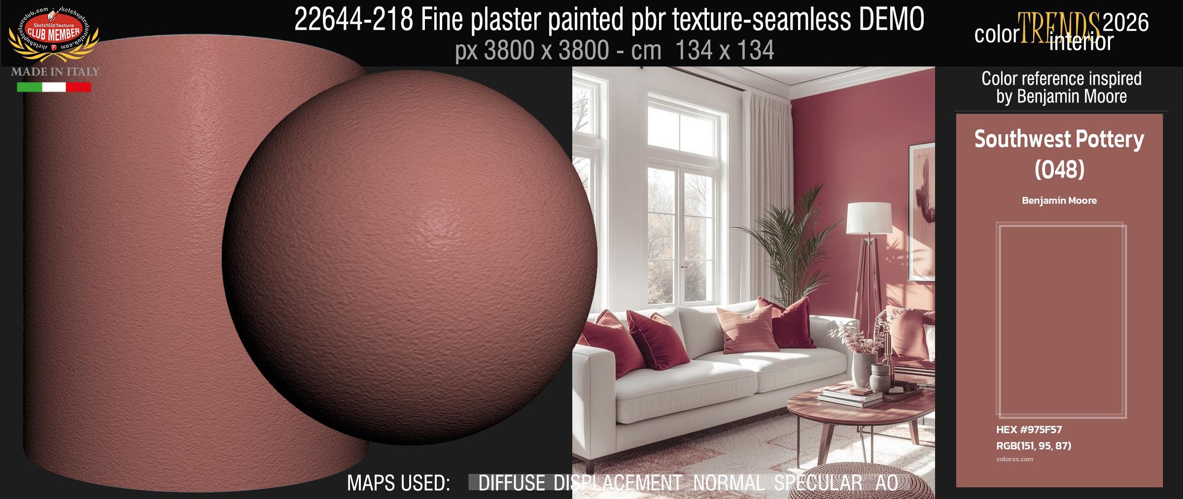 22644-218 Fine plaster painted with the color Southwest Pottery 048 Trends 2026 by Benjamin Moore - pbr texture seamless