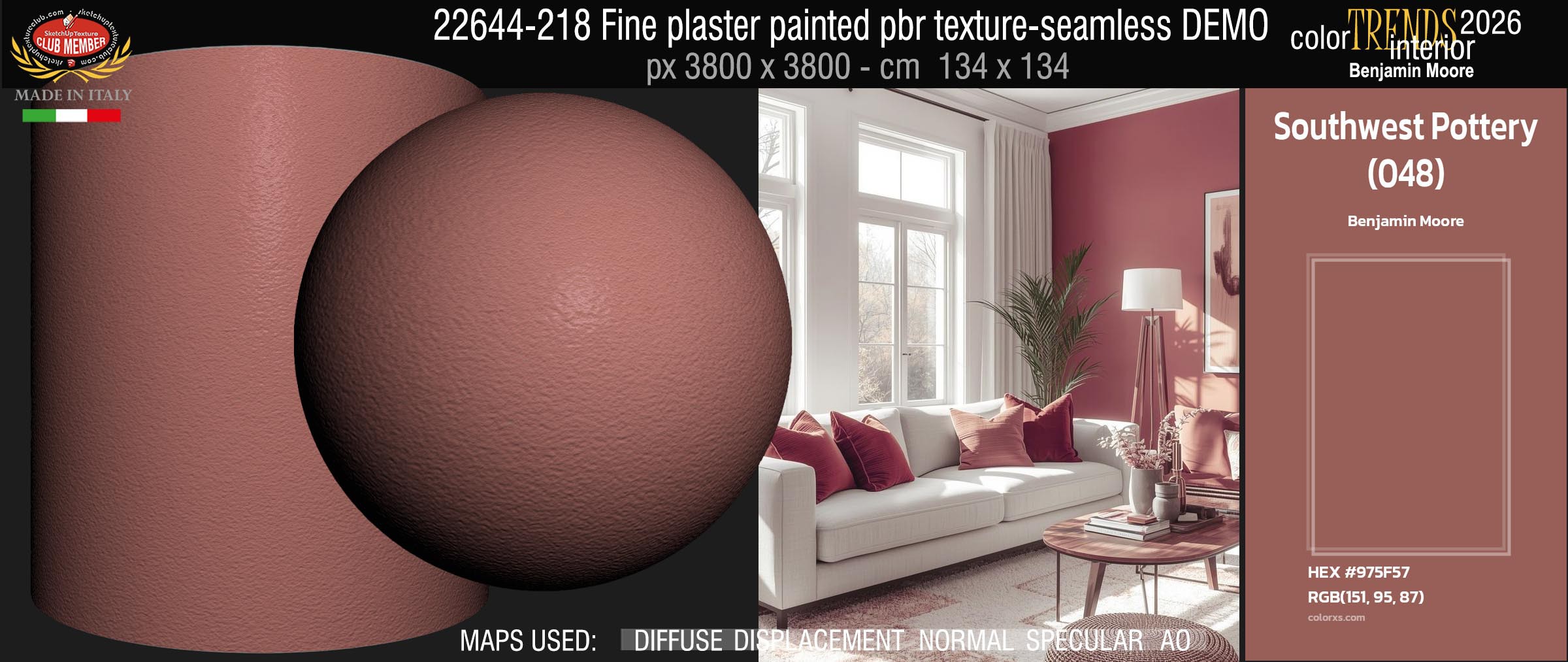 22644-218 Fine plaster painted with the color Southwest Pottery 048 Trends 2026 by Benjamin Moore - pbr texture seamless