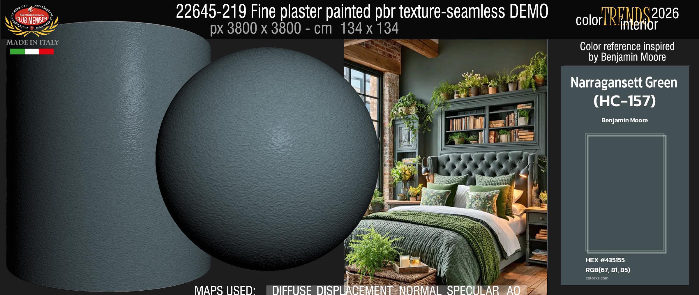 22645-219 Fine plaster painted color Narragansett Green HC-157 Trends 2026 by Benjamin Moore - pbr texture seamless
