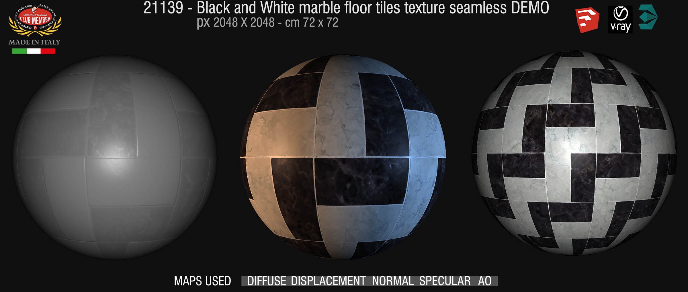 21139 Black and white marble tile texture seamless + maps DEMO
