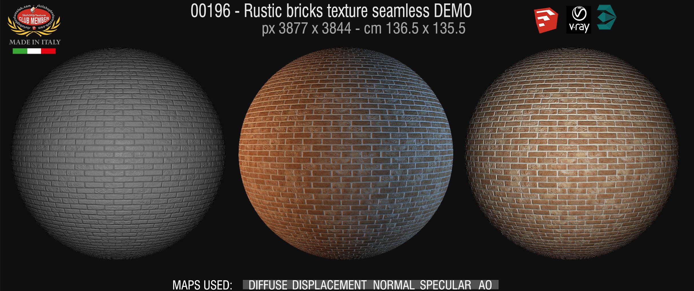 00196 Rustic bricks texture seamless + maps DEMO