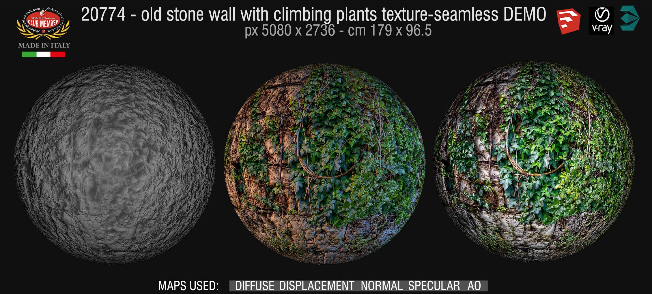 20774 HR Old stone wall with climbing plants texture & maps DEMO