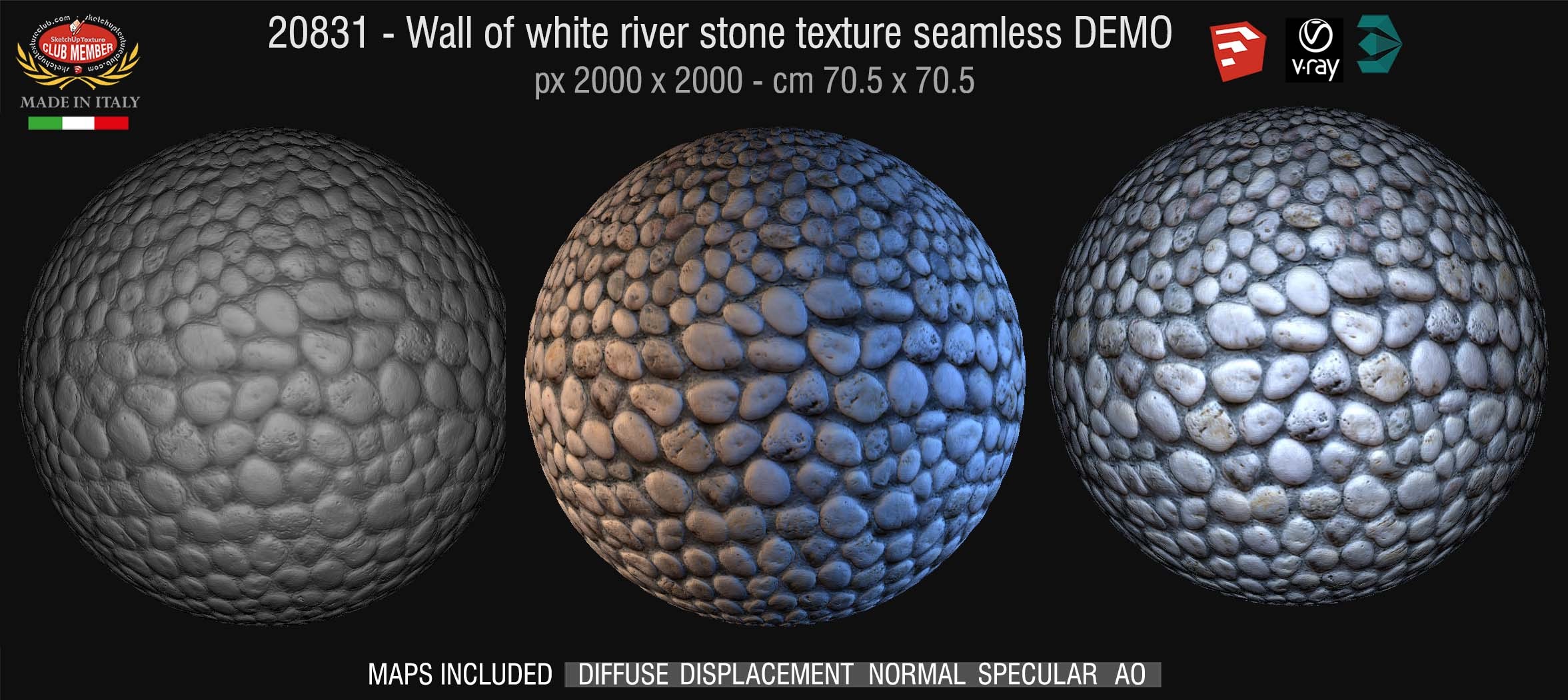 20831 HR Wall of white river stones texture seamless and Maps DEMO