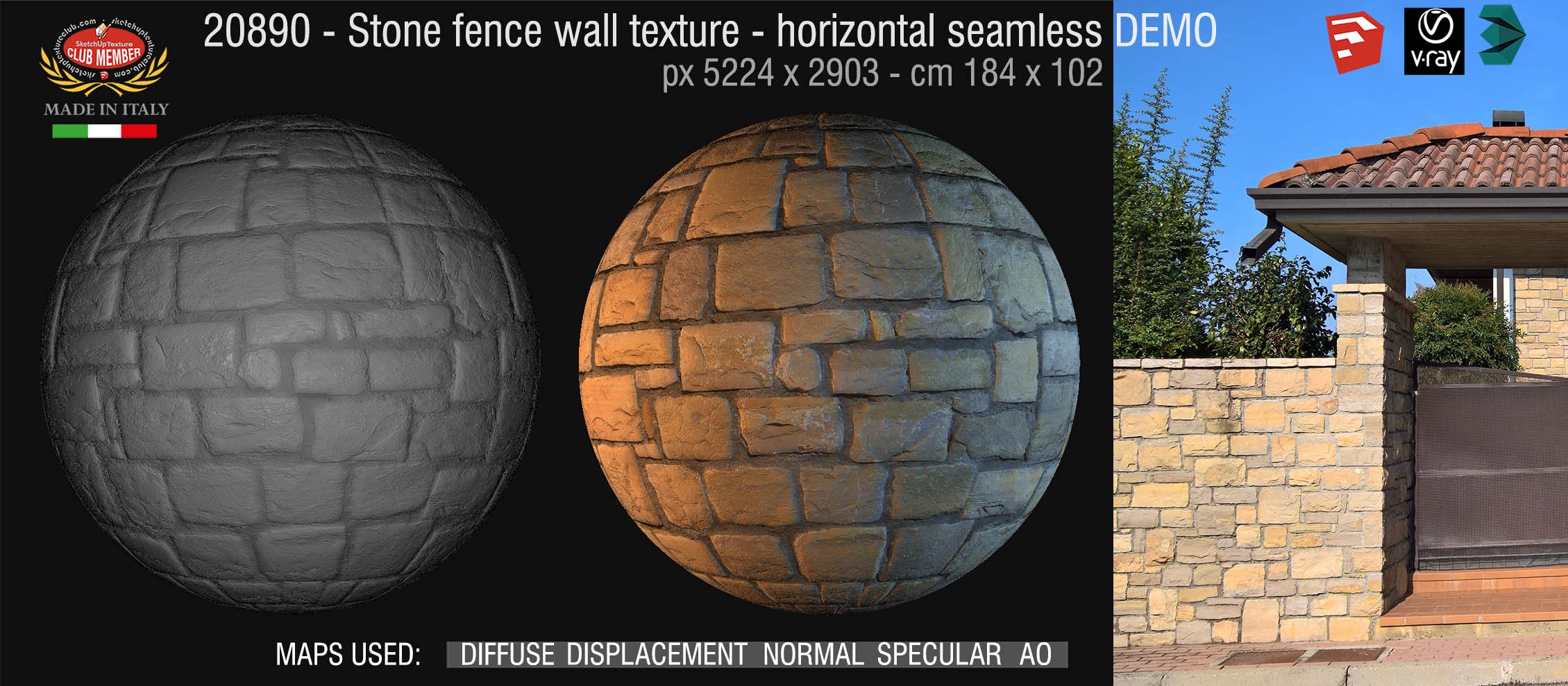 20890 HR Stone fence wall texture + maps DEMO