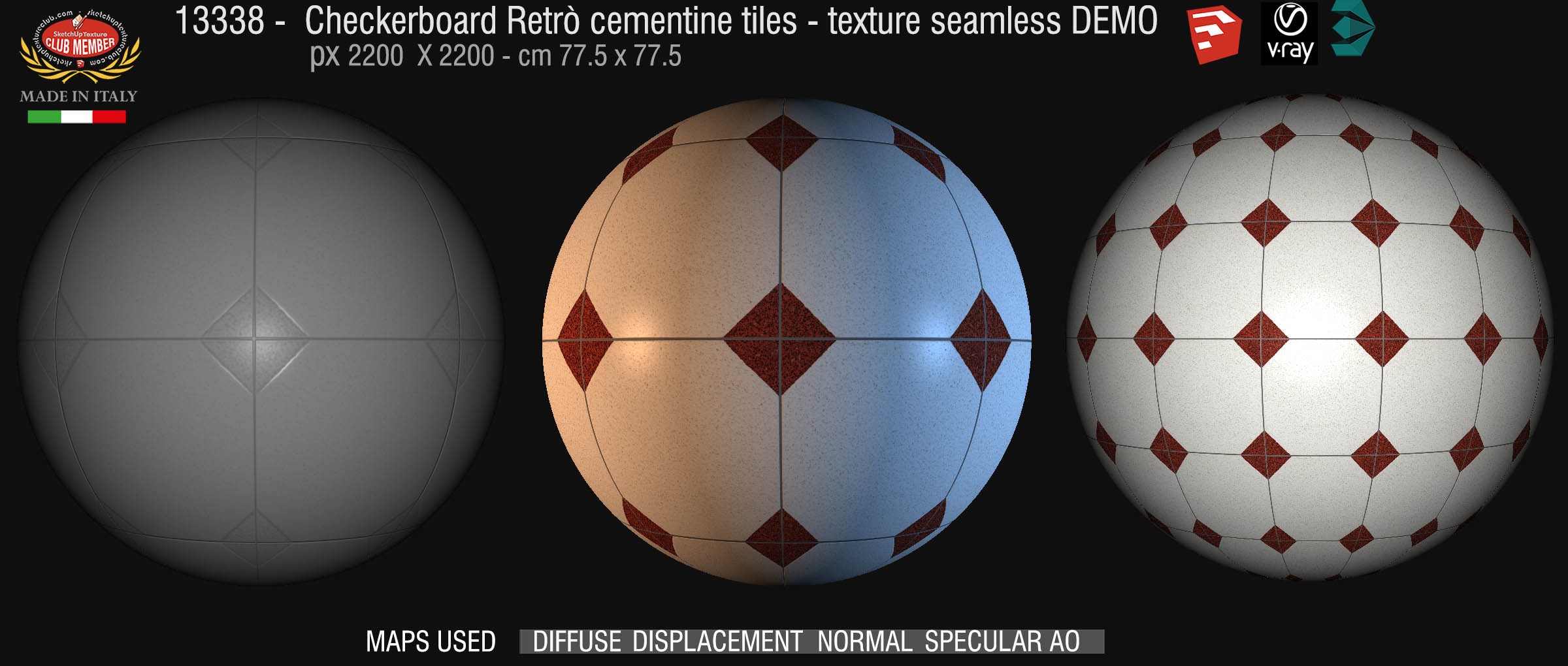 13338 Checkerboard retrò cementine tiles - texture seamless + maps DEMO