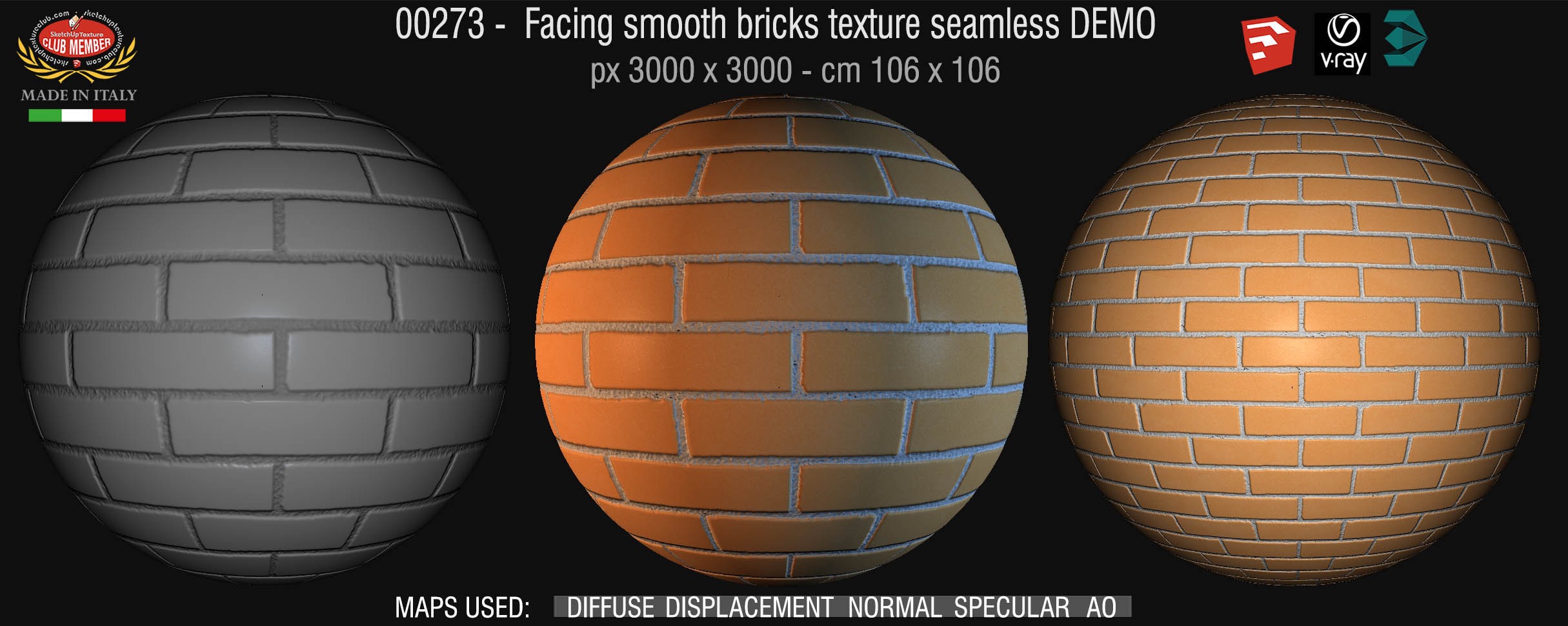 00273 Facing smooth bricks texture seamless + maps DEMO