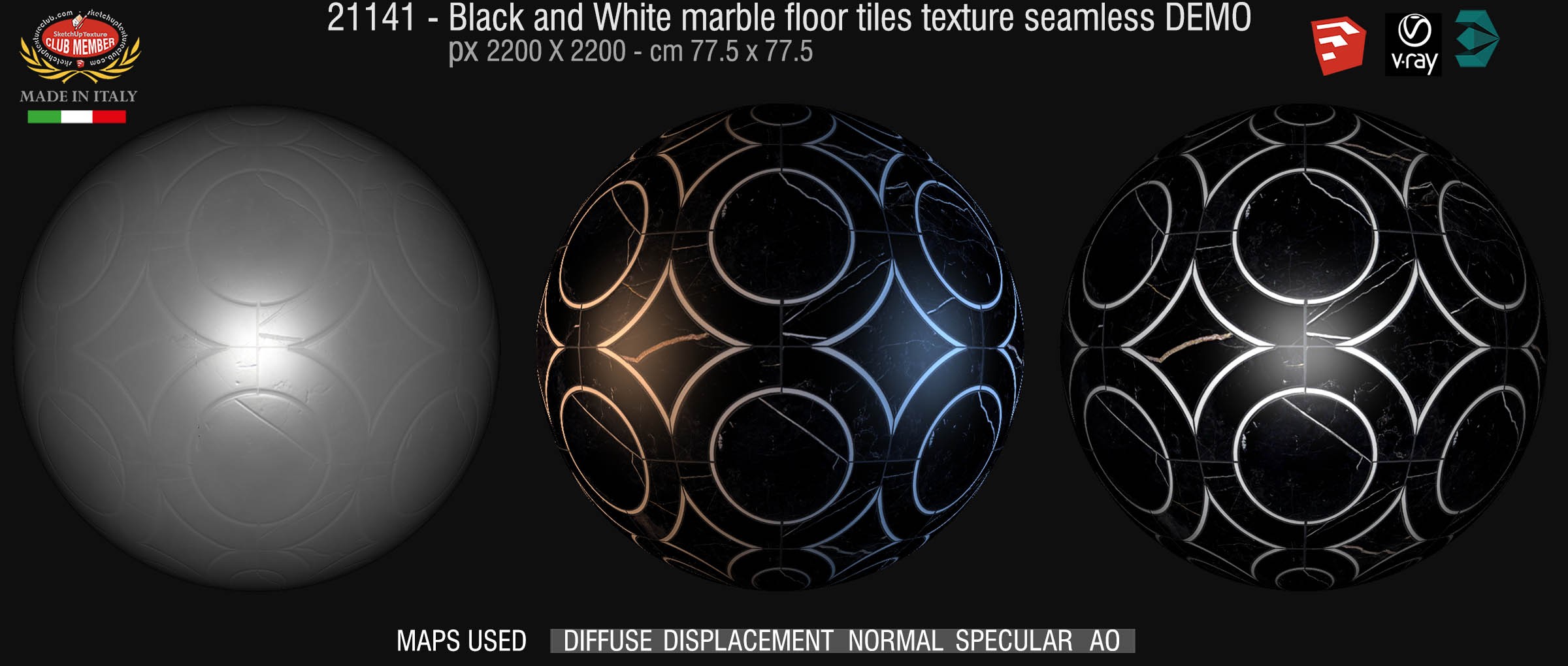21141 Black and white marble tile texture seamless + maps DEMO