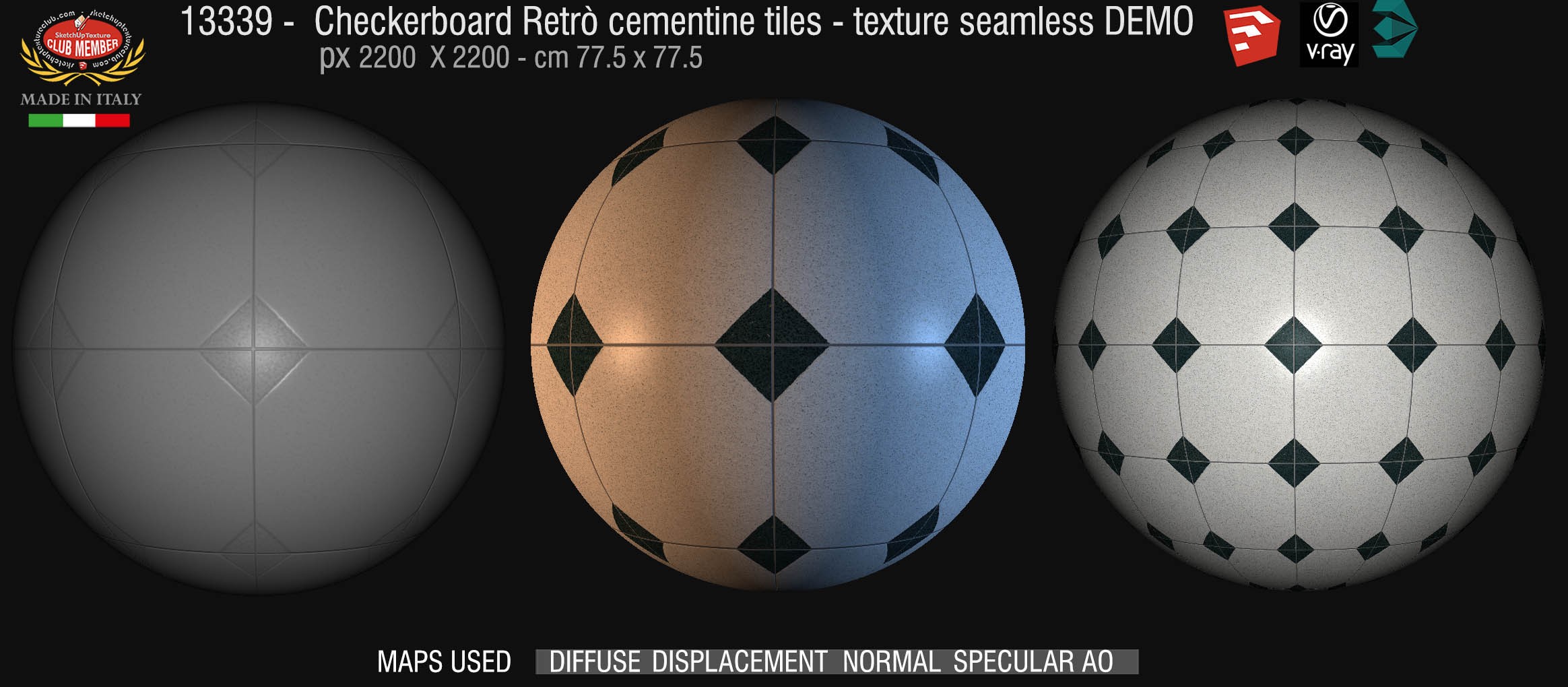 13339 Checkerboard retrò cementine tiles - texture seamless + maps DEMO