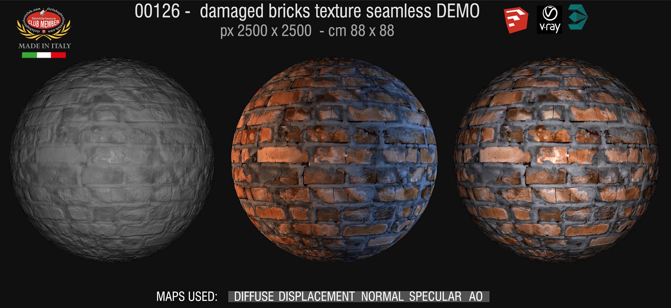 00126 HR Damaged bricks texture seamless + maps DEMO