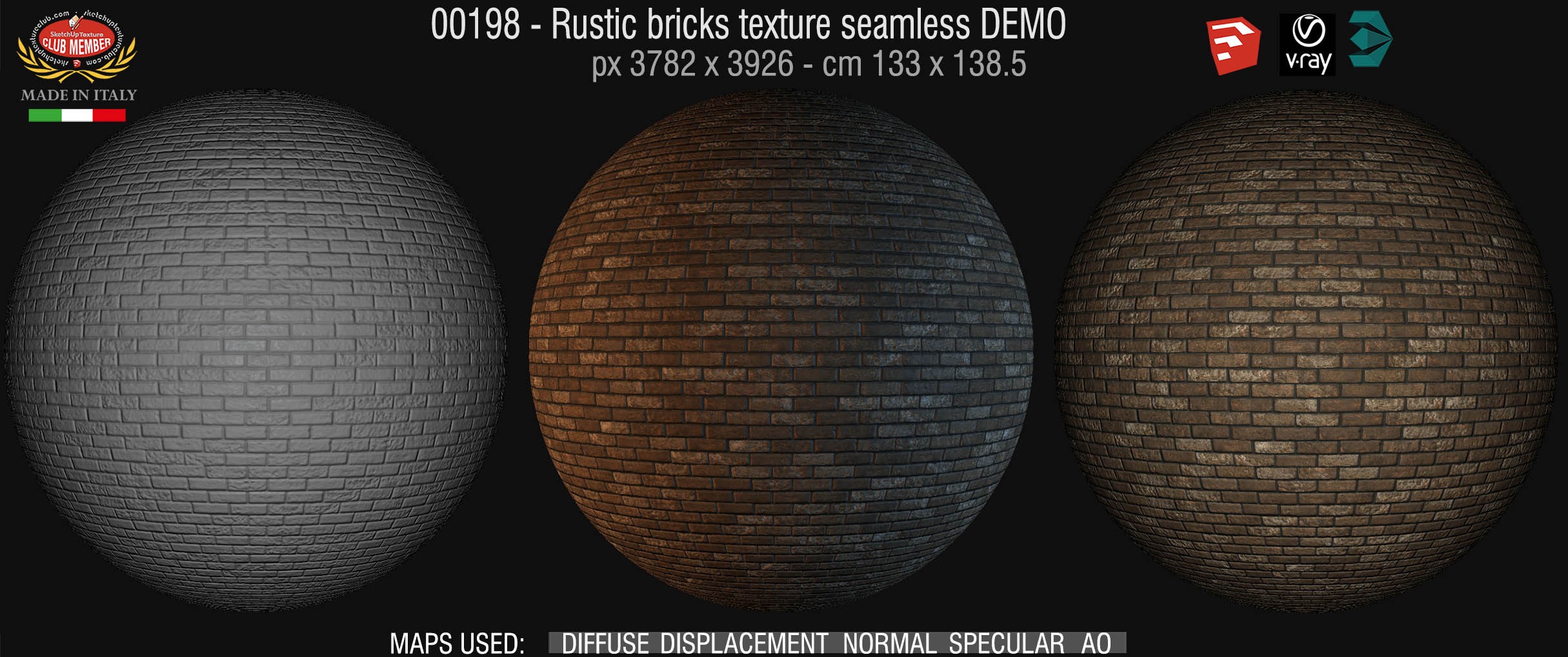 00198 Rustic bricks texture seamless + maps DEMO