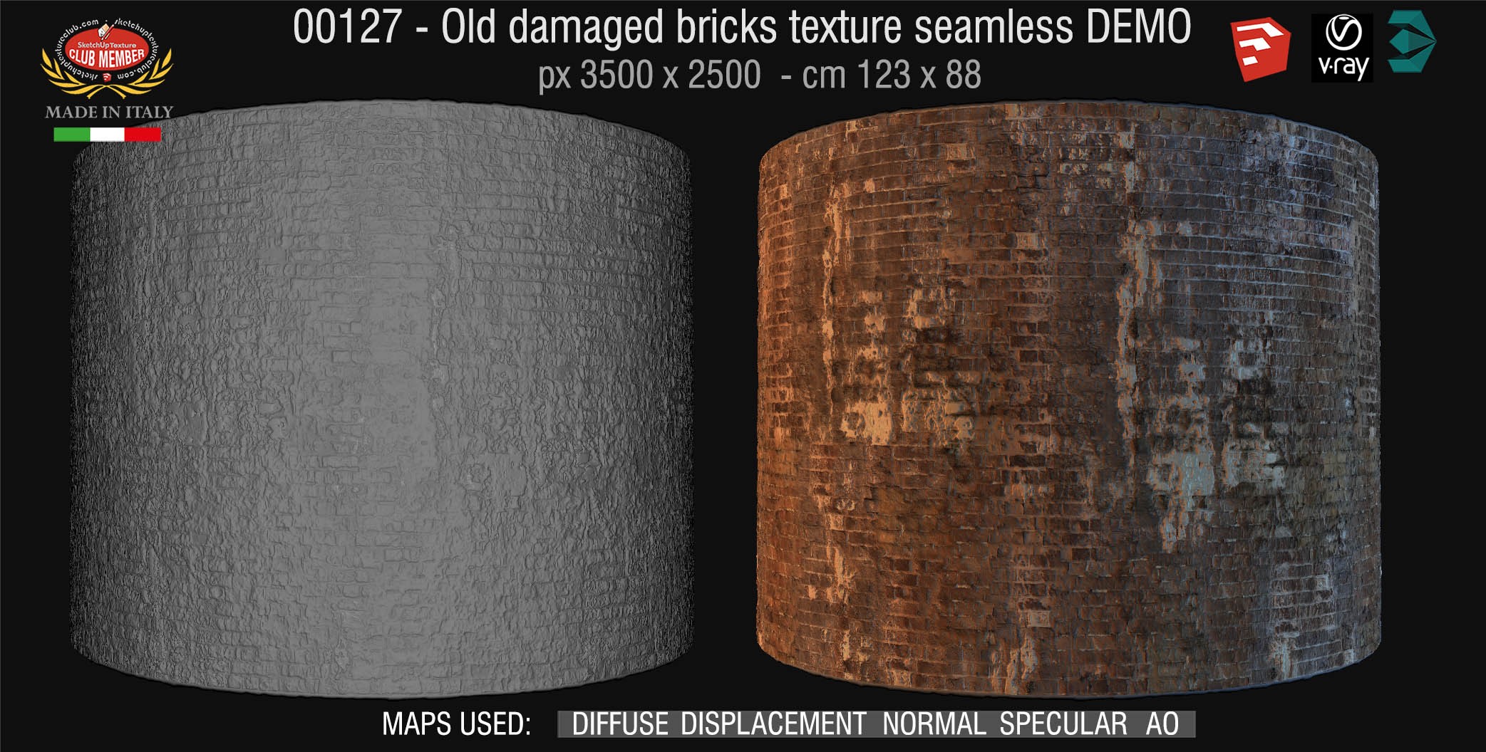 00127 HR Damaged bricks texture seamless + maps DEMO