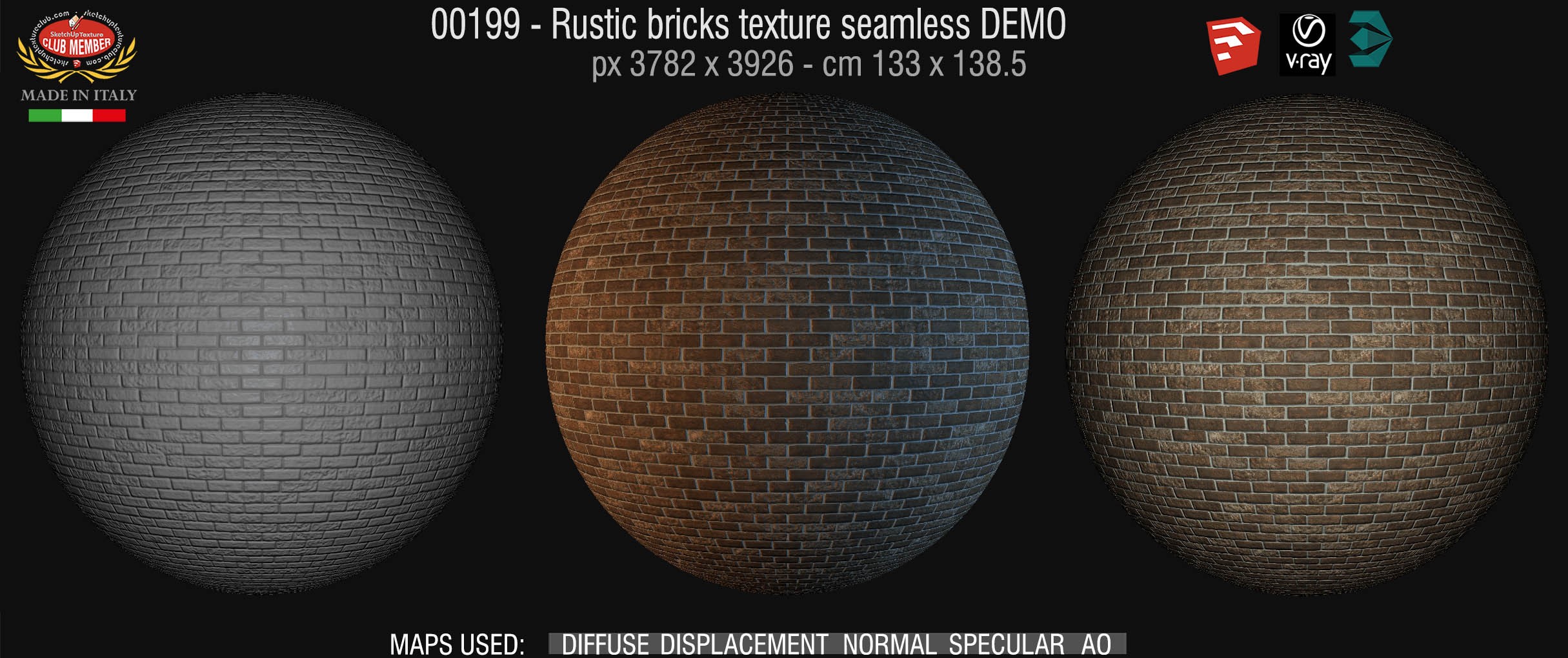 00199 Rustic bricks texture seamless + maps DEMO