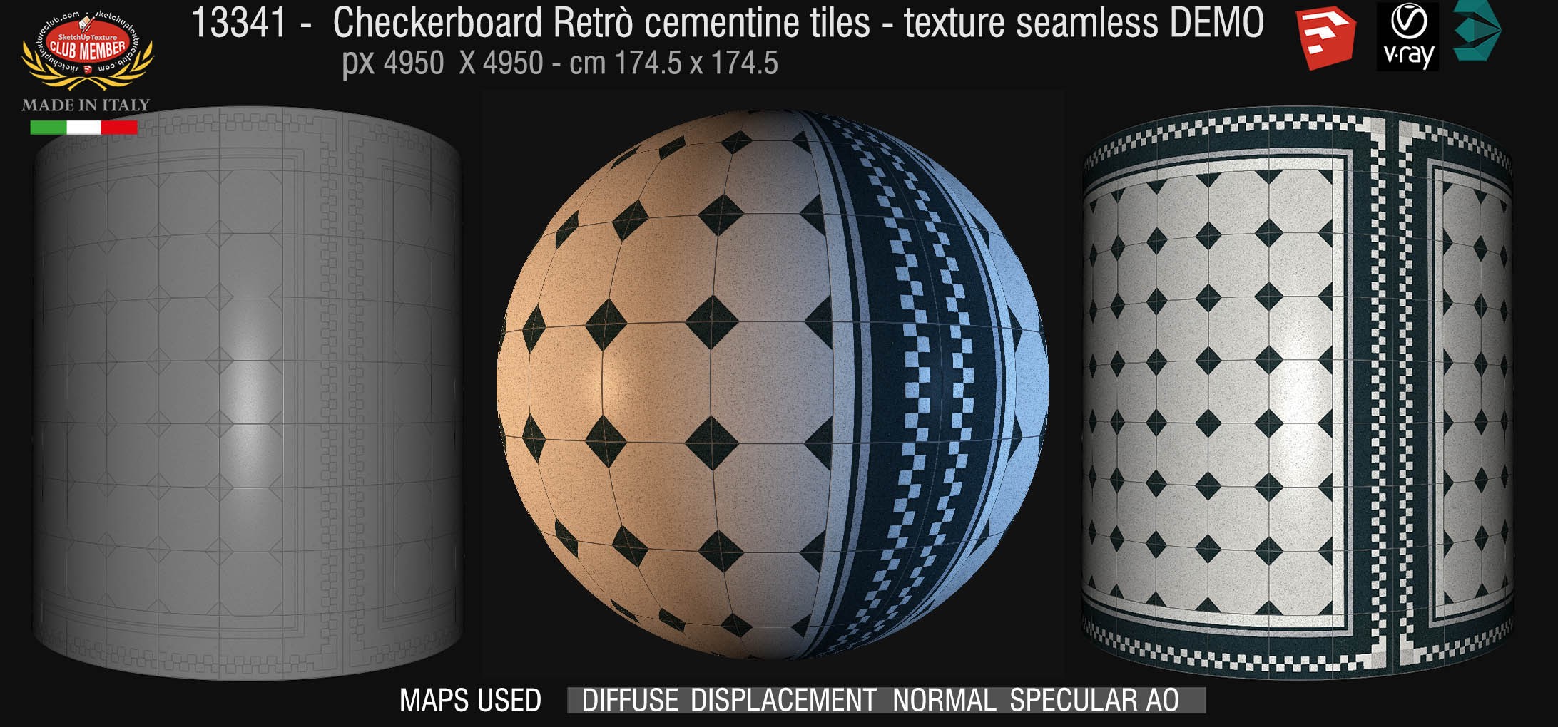 13341 Checkerboard retrò cementine tiles - texture seamless + maps DEMO