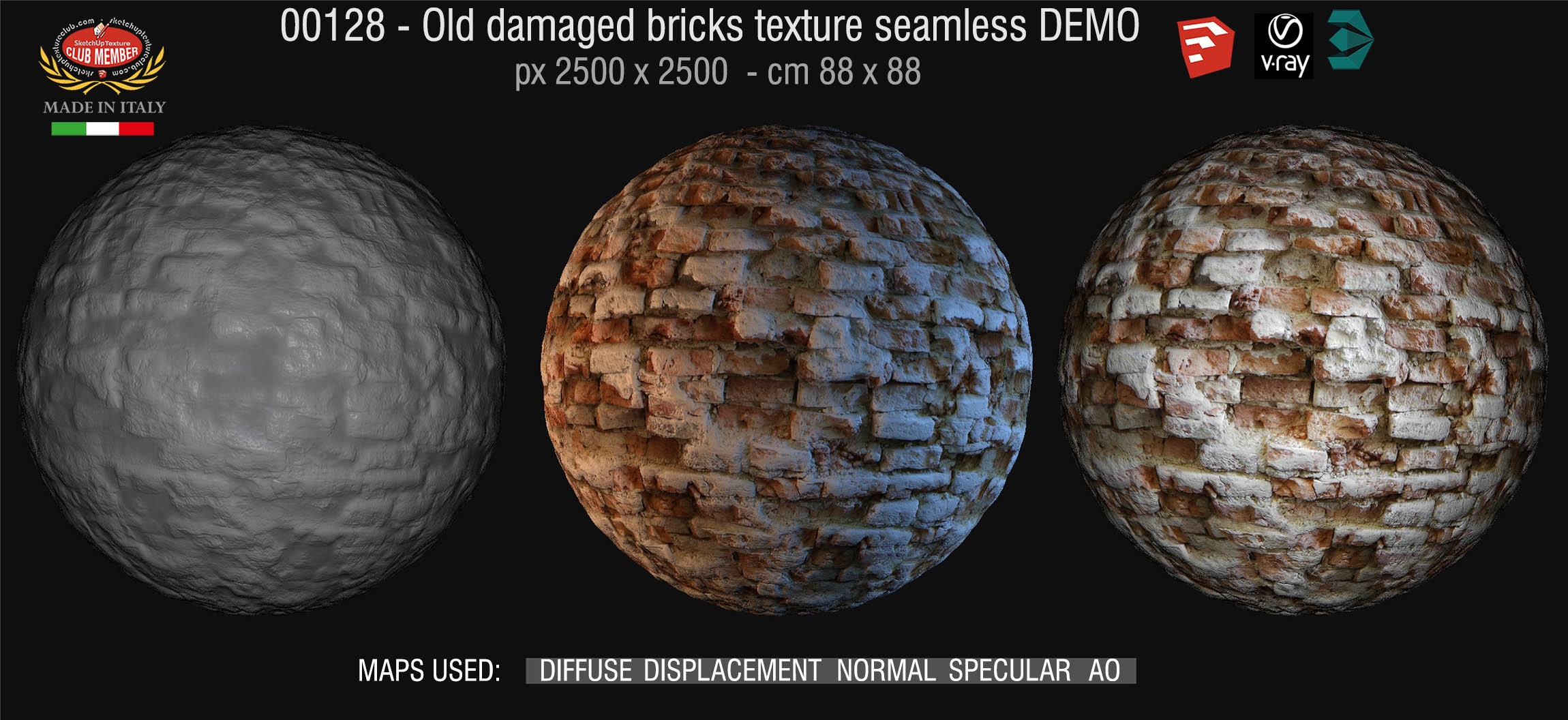 00128 HR Damaged bricks texture seamless + maps DEMO