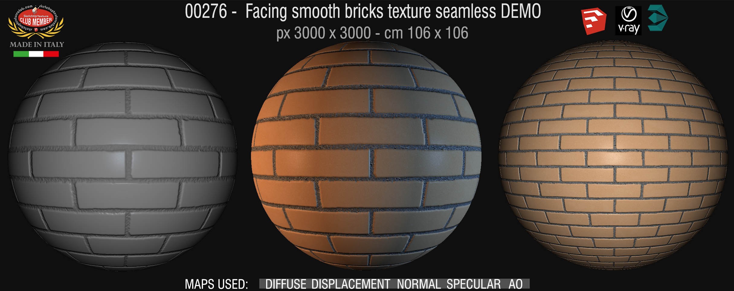 00276 Facing smooth bricks texture seamless + maps DEMO